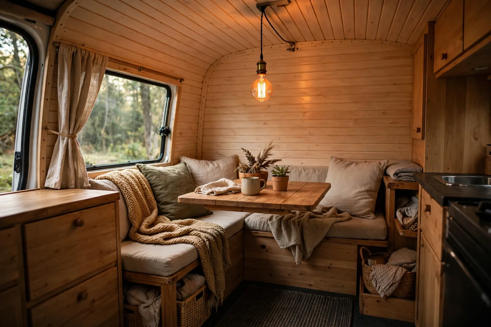 Cozy camper van dining nook with a vintage Edison bulb pendant light glowing warm amber over a small wooden table