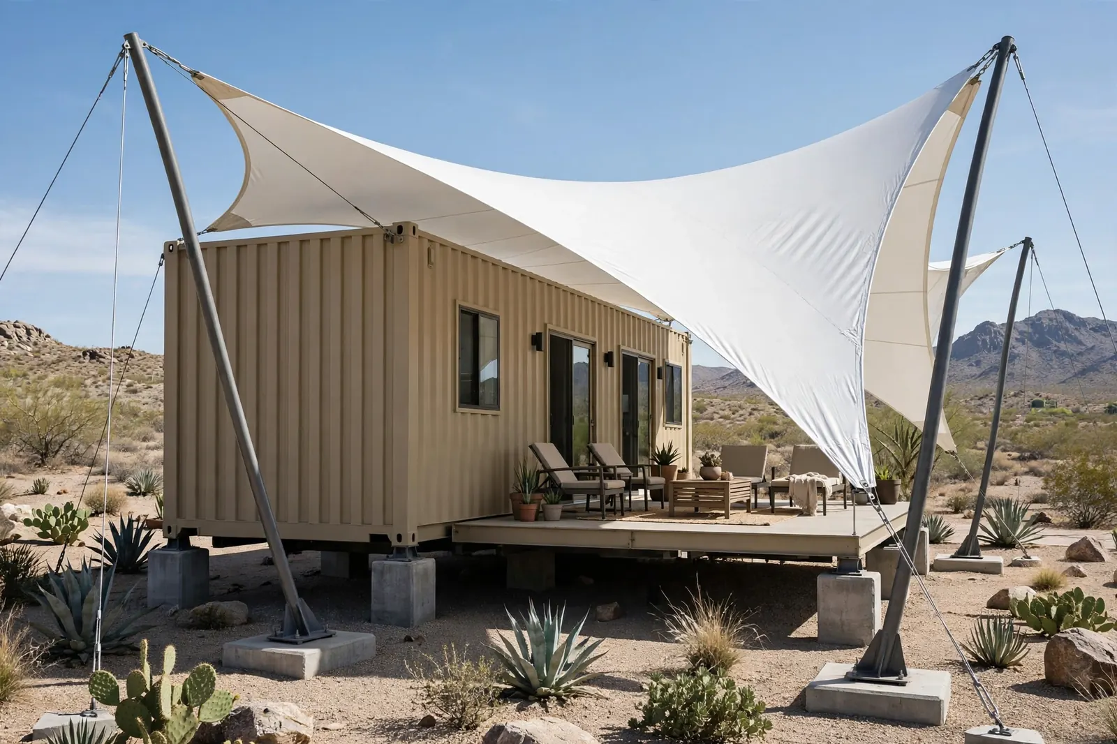 Sand-colored container home on concrete piers in the desert with a dramatic white tensile fabric membrane canopy swooping over the side deck patio.