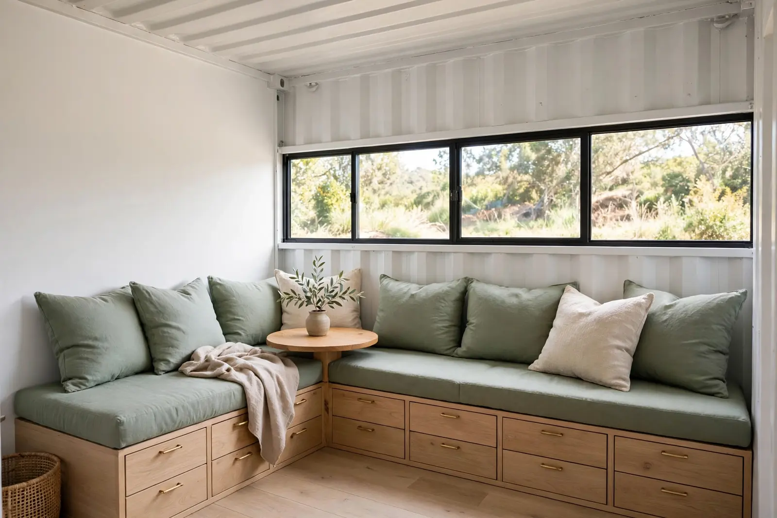 Container corner with a built-in L-shaped banquette lounge, sage green cushions, storage drawers and round oak table under windows