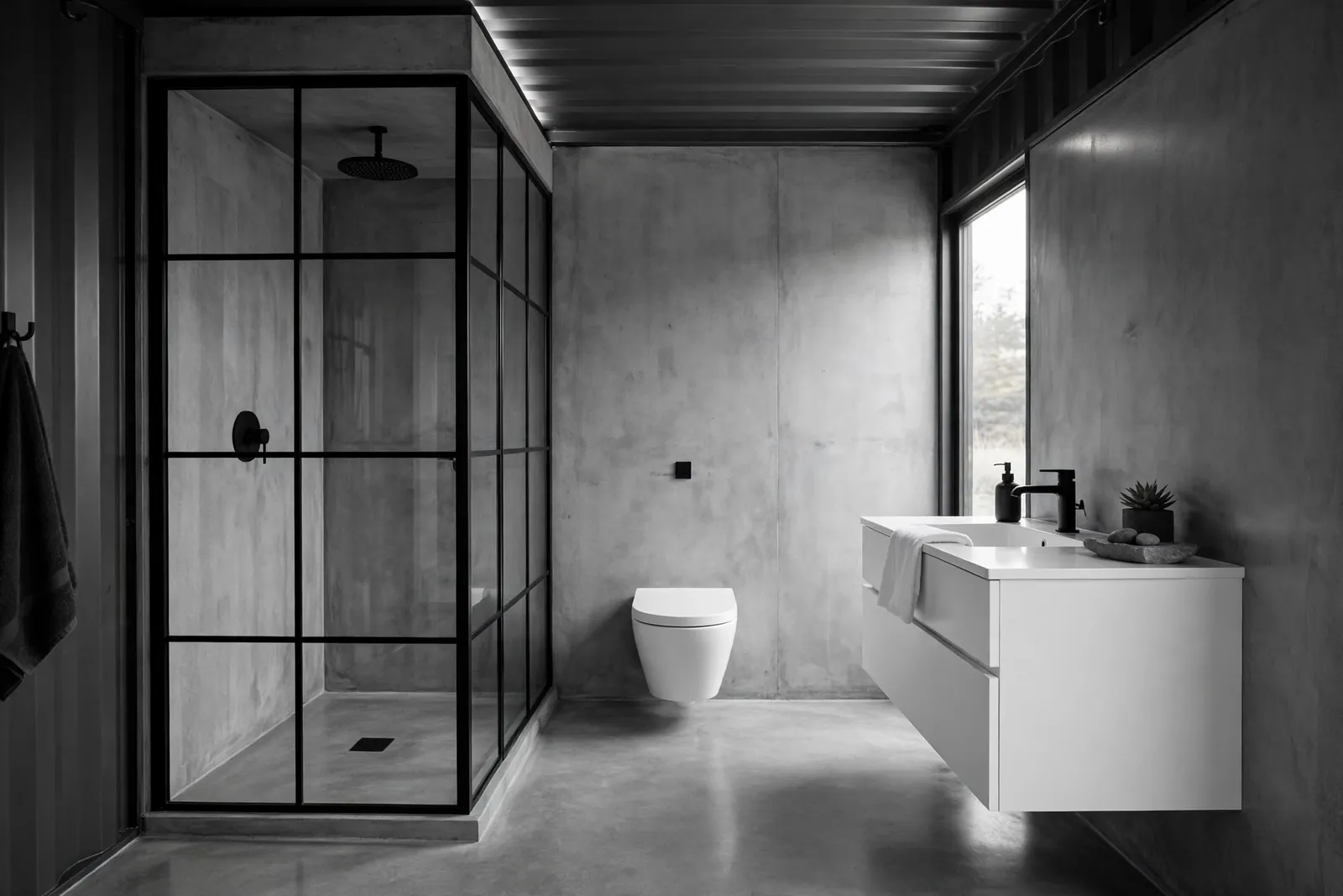 Complete container home bathroom with polished concrete walls, black-framed glass shower, white floating vanity and wall-hung toilet