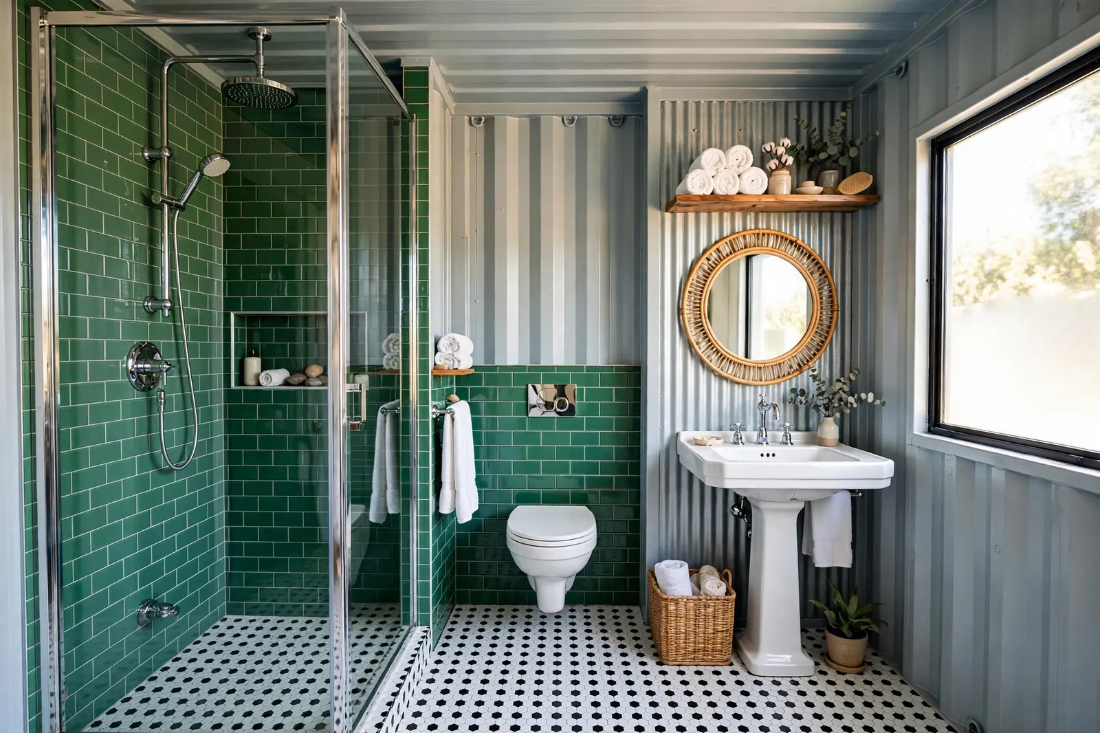 Complete container home bathroom with emerald green subway tile, chrome fixtures, white pedestal sink, walk-in shower and hex tile floor