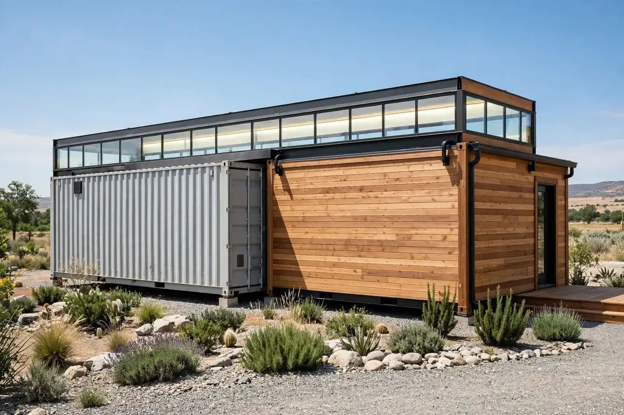 Two 40-ft containers joined with a lengthwise offset, pale grey steel and warm cedar, with a raised clerestory glass strip running along the stepped roofline.