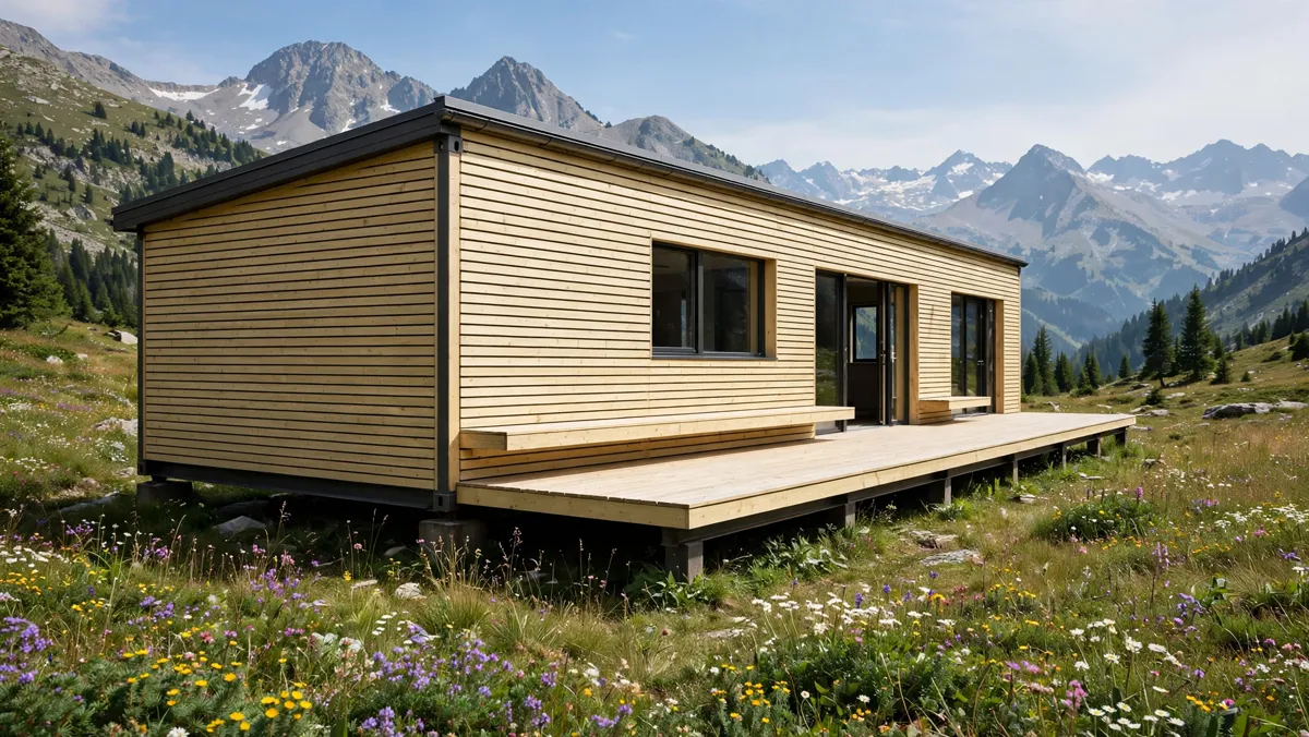 Container home in horizontal larch boards in an alpine meadow with wildflowers and distant peaks