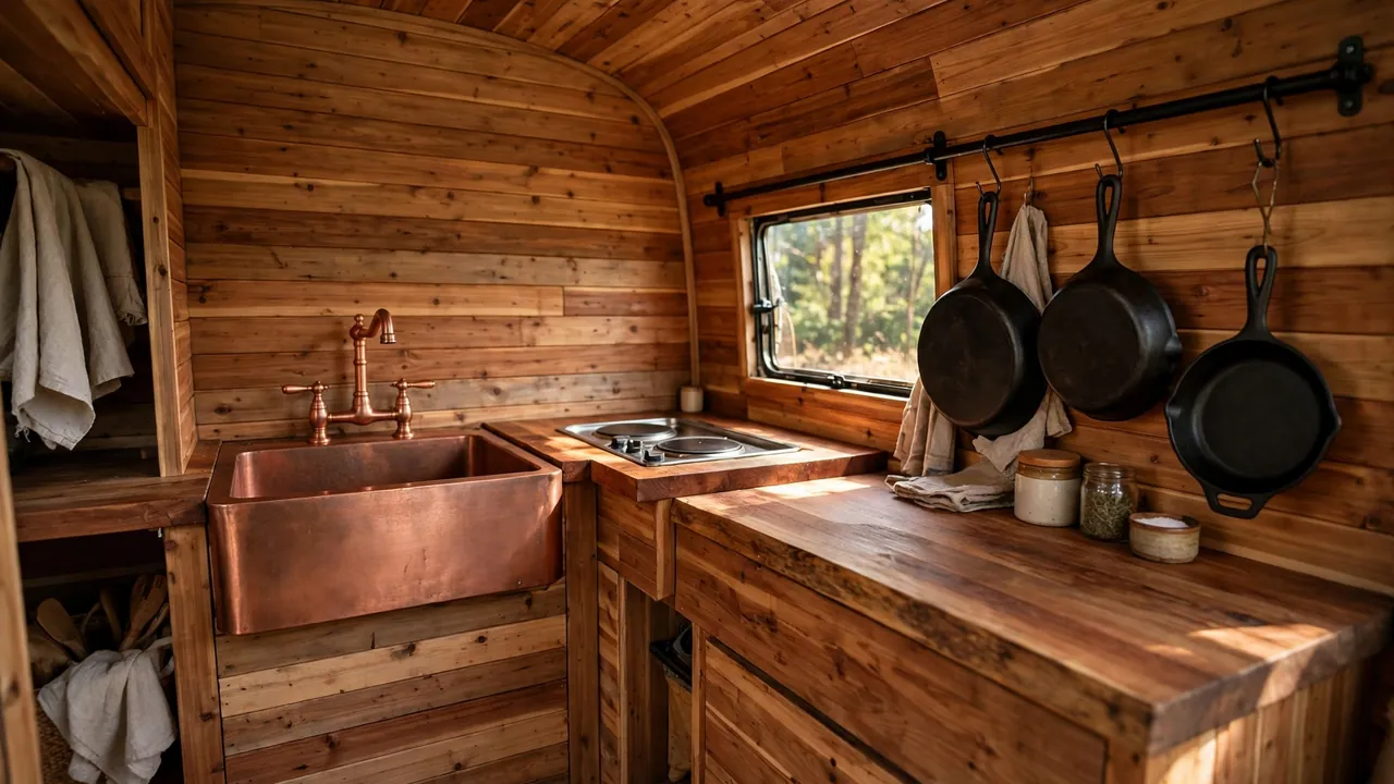 Rustic camper van kitchen with cedar paneling and copper sink