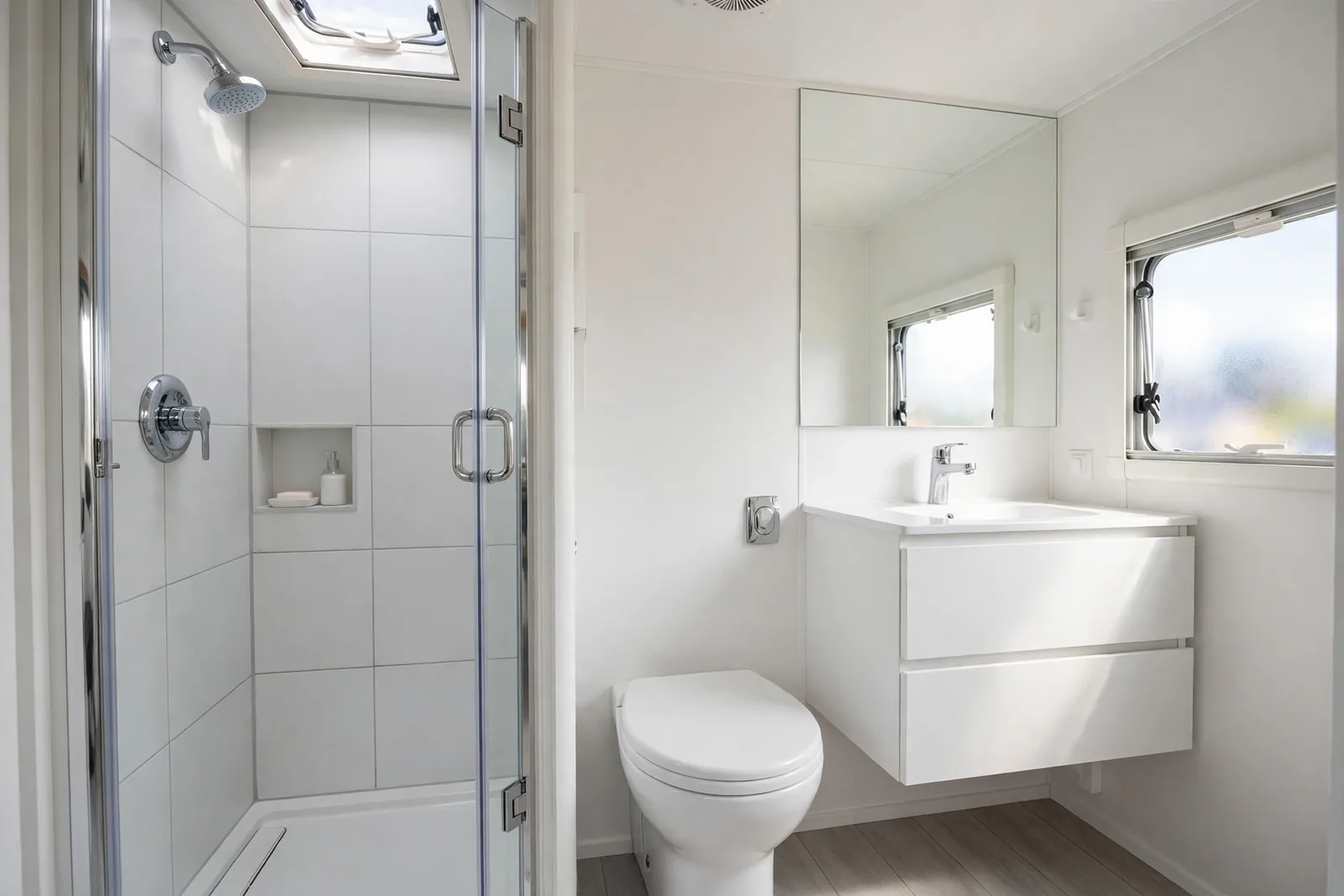 All-white minimalist RV bathroom with floating vanity, large mirror, chrome fixtures