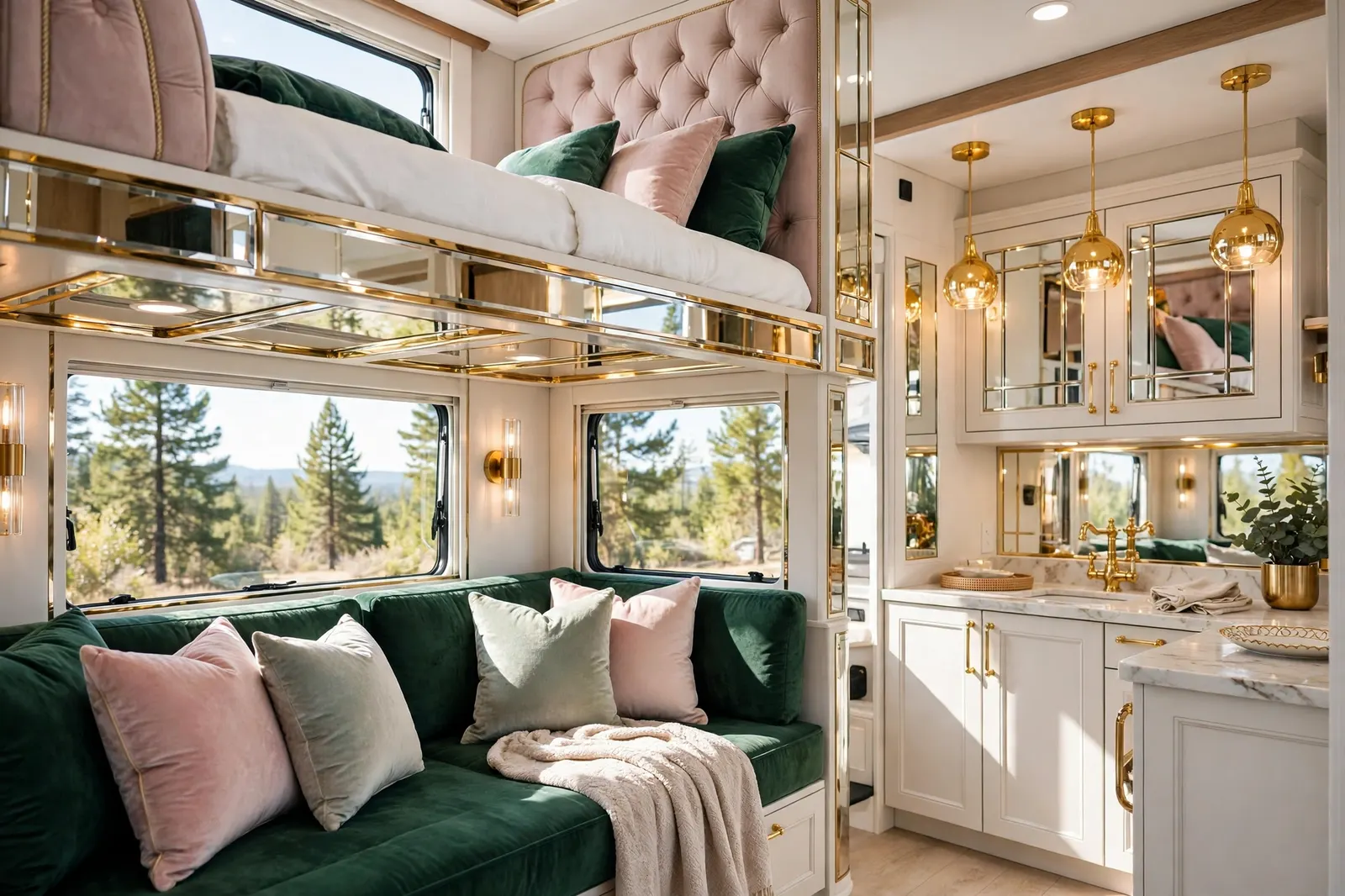 Glamorous renovated Class C motorhome interior with a cab-over bunk featuring a blush tufted velvet headboard, emerald velvet lounge cushions, gold pendant lights and faucets, and mirrored cabinet accents.
