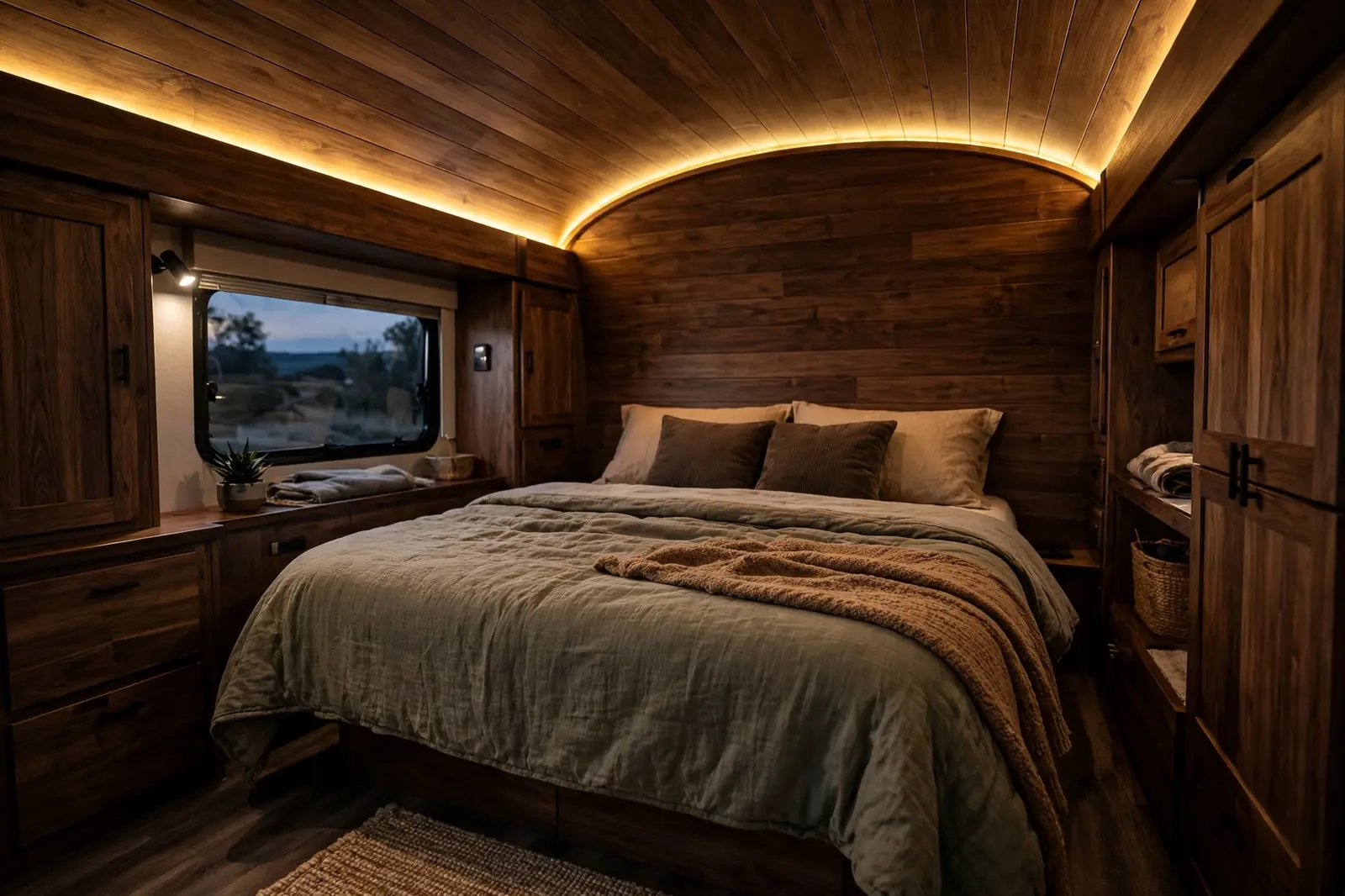 Photorealistic RV bedroom with a curved paneled ceiling and warm LED cove lighting glowing over the queen bed