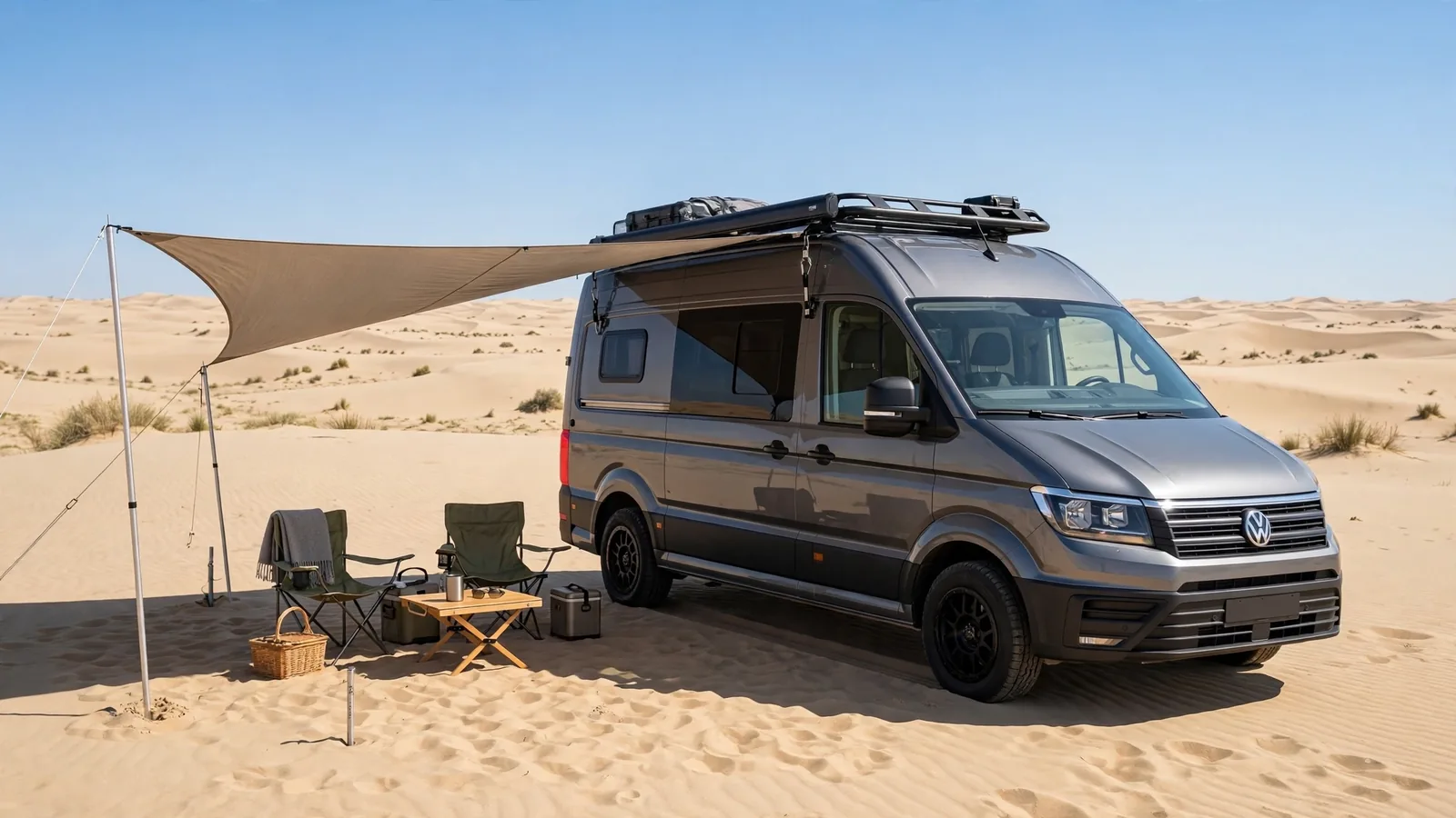 Gray VW Crafter with a triangular shade sail tensioned off the roof rack in sand dunes