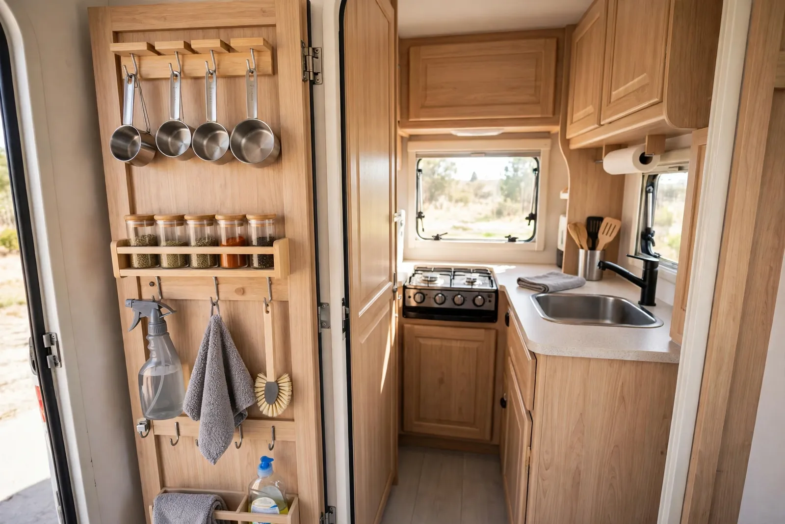 RV galley kitchen with racks and hooks fitted inside a cabinet door holding spices and measuring cups