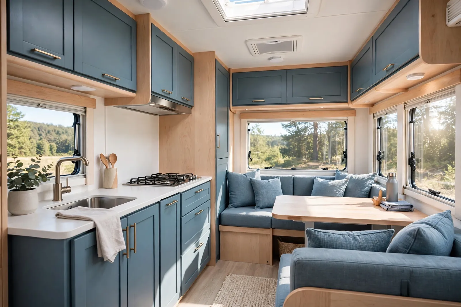 Dusty blue and light maple motorhome interior