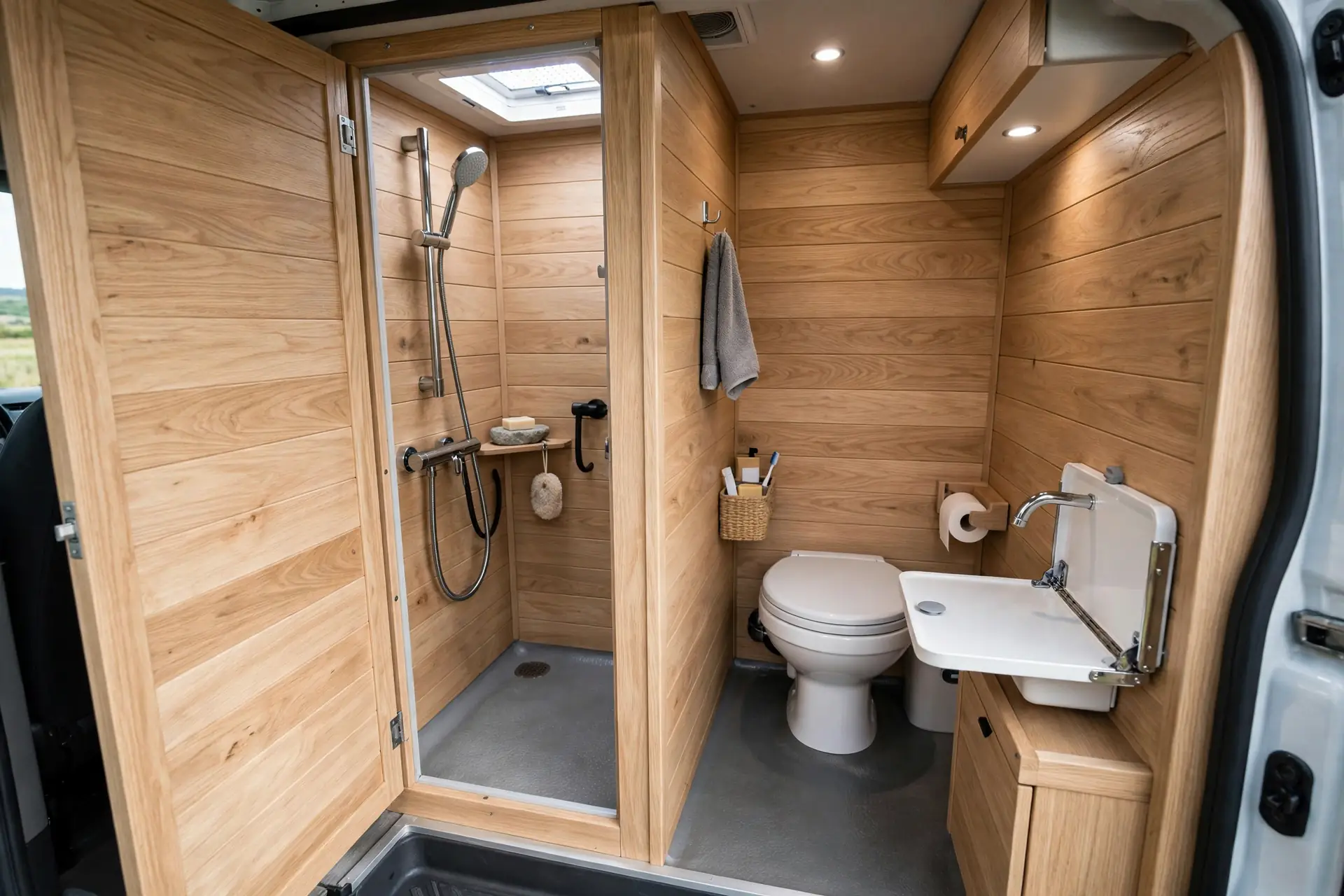 Camper van wet bath with a hidden pull-out shower cubicle, toilet and fold-away sink in light oak
