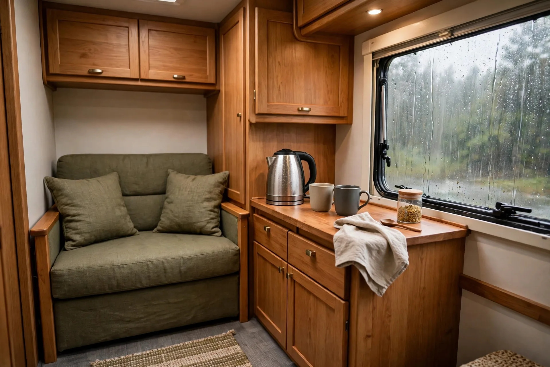 Small RV living room with a compact loveseat and a tiny tea station counter with kettle and mugs