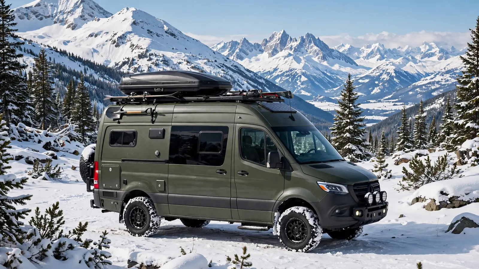 Camper van with snow tires and roof ski box in a snowy mountain clearing