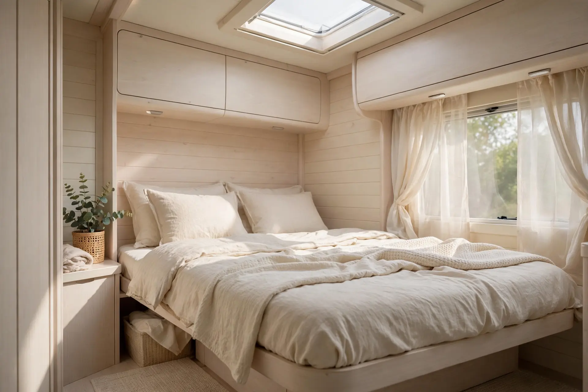 Serene cream luxury motorhome bedroom with low platform bed and skylight