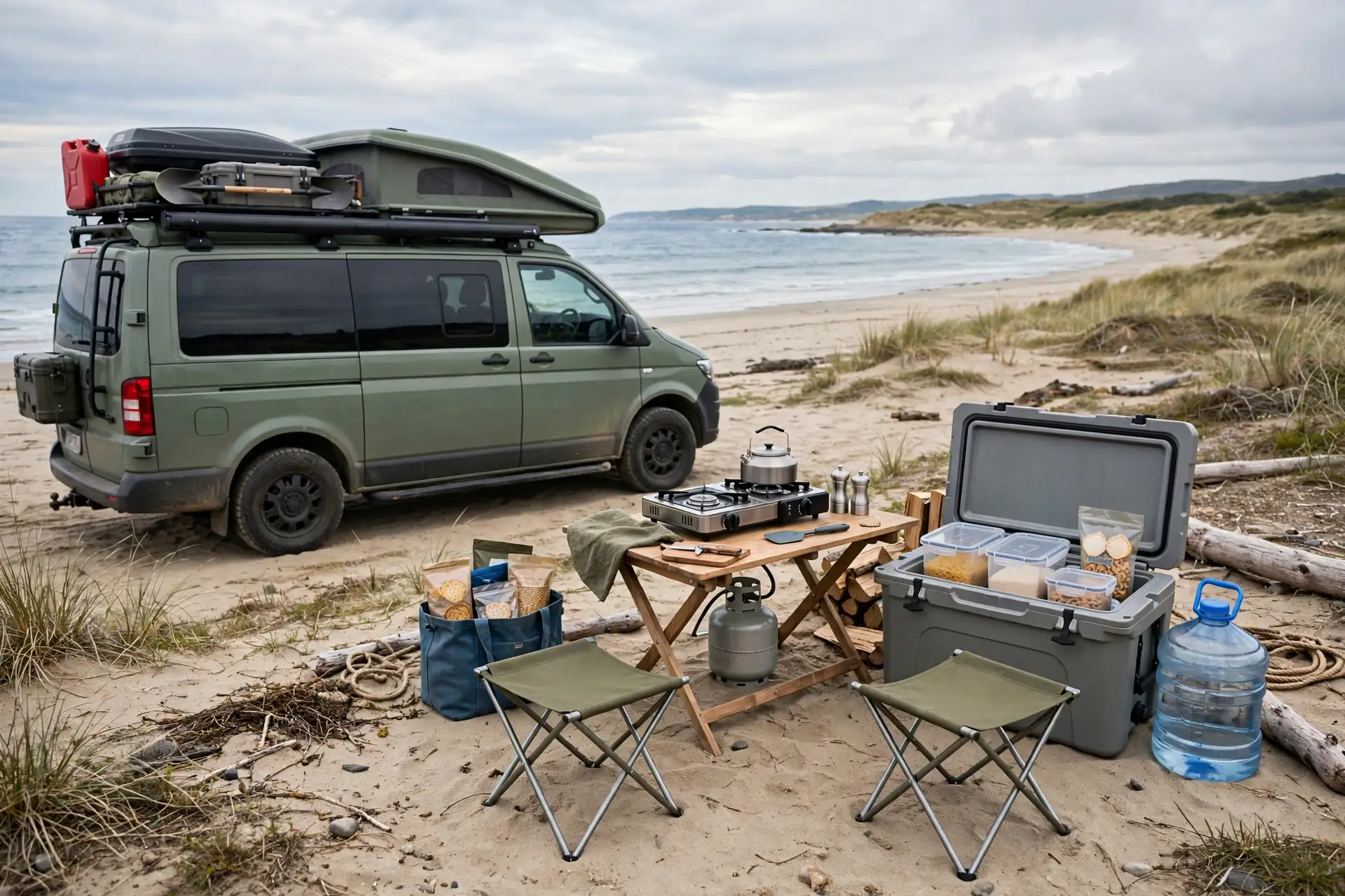 Two-burner camp stove and cooler pantry setup beside a camper van at a beach campsite
