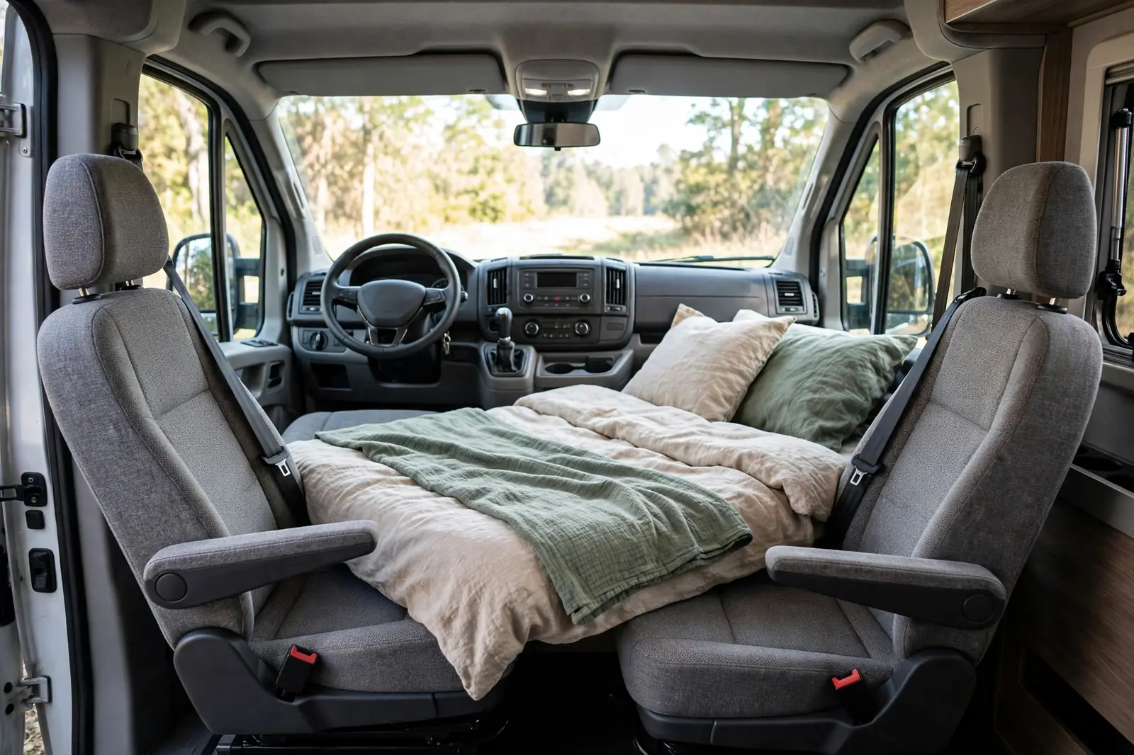 Camper van front cab with two grey swivel captain chairs and a filler cushion forming a small single bed made up with cream bedding, a sage throw and pillows, dashboard and cab windows visible
