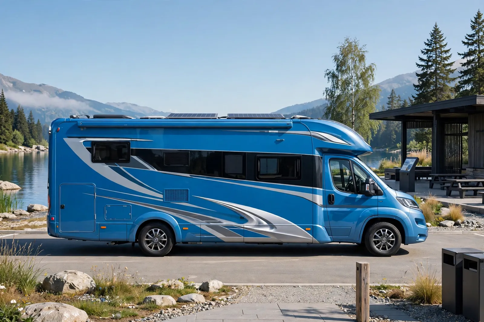 Electric blue and silver modern sport motorhome exterior, full side view