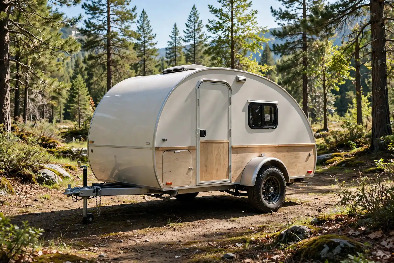 Cream and wood ultra-light teardrop camper trailer parked on a forest trail in bright daylight