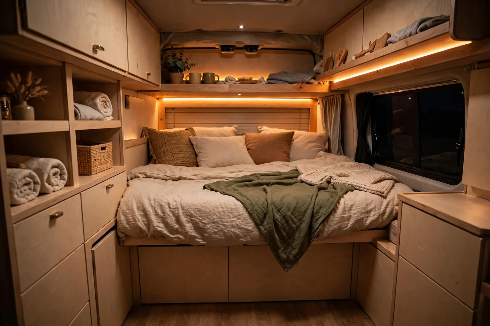 Cozy camper van bedroom at night with a warm amber LED strip glowing behind the headboard and along a shelf