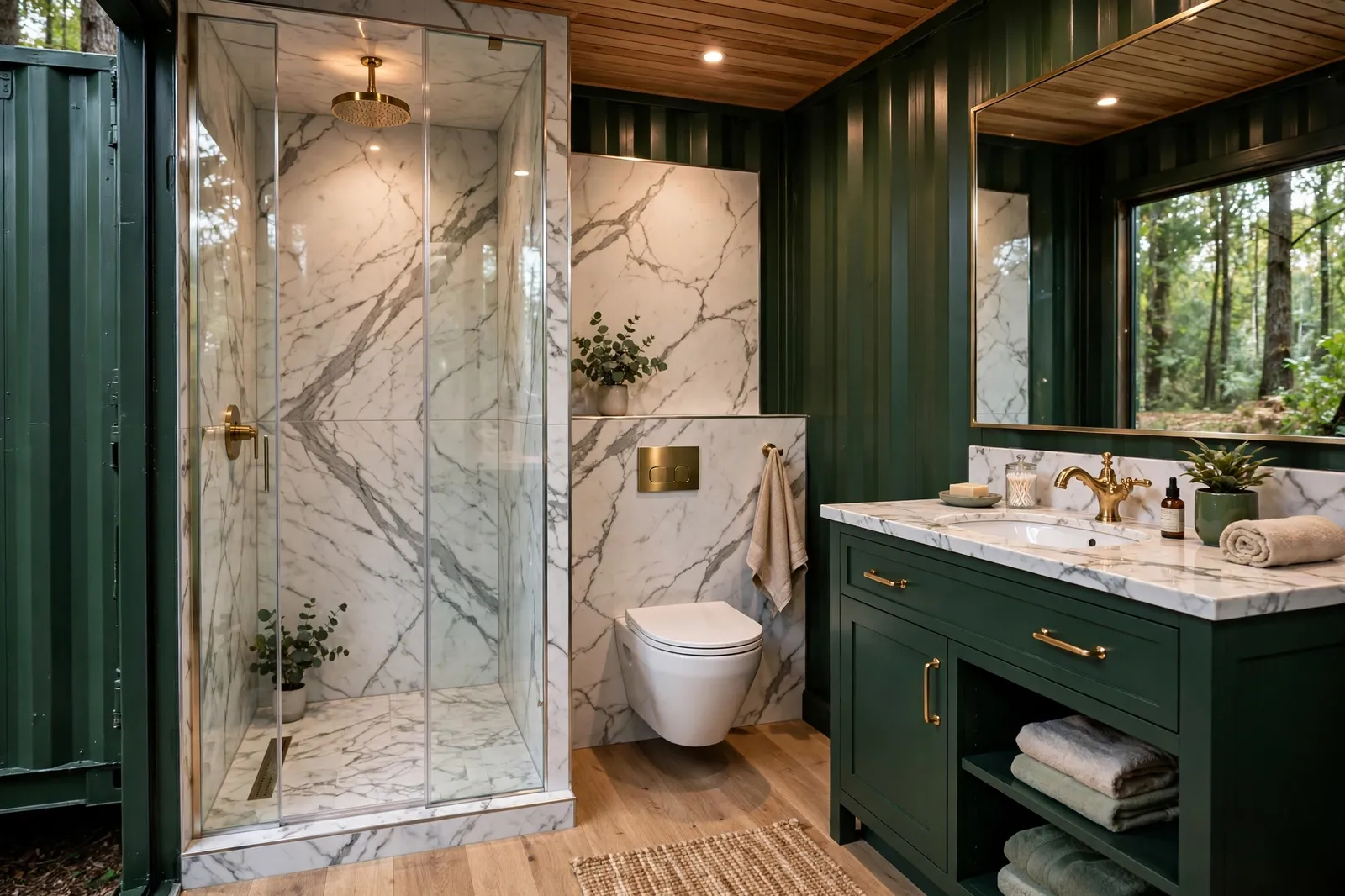Complete container home bathroom with forest green vanity, white marble shower walls, brass fixtures and glass shower enclosure