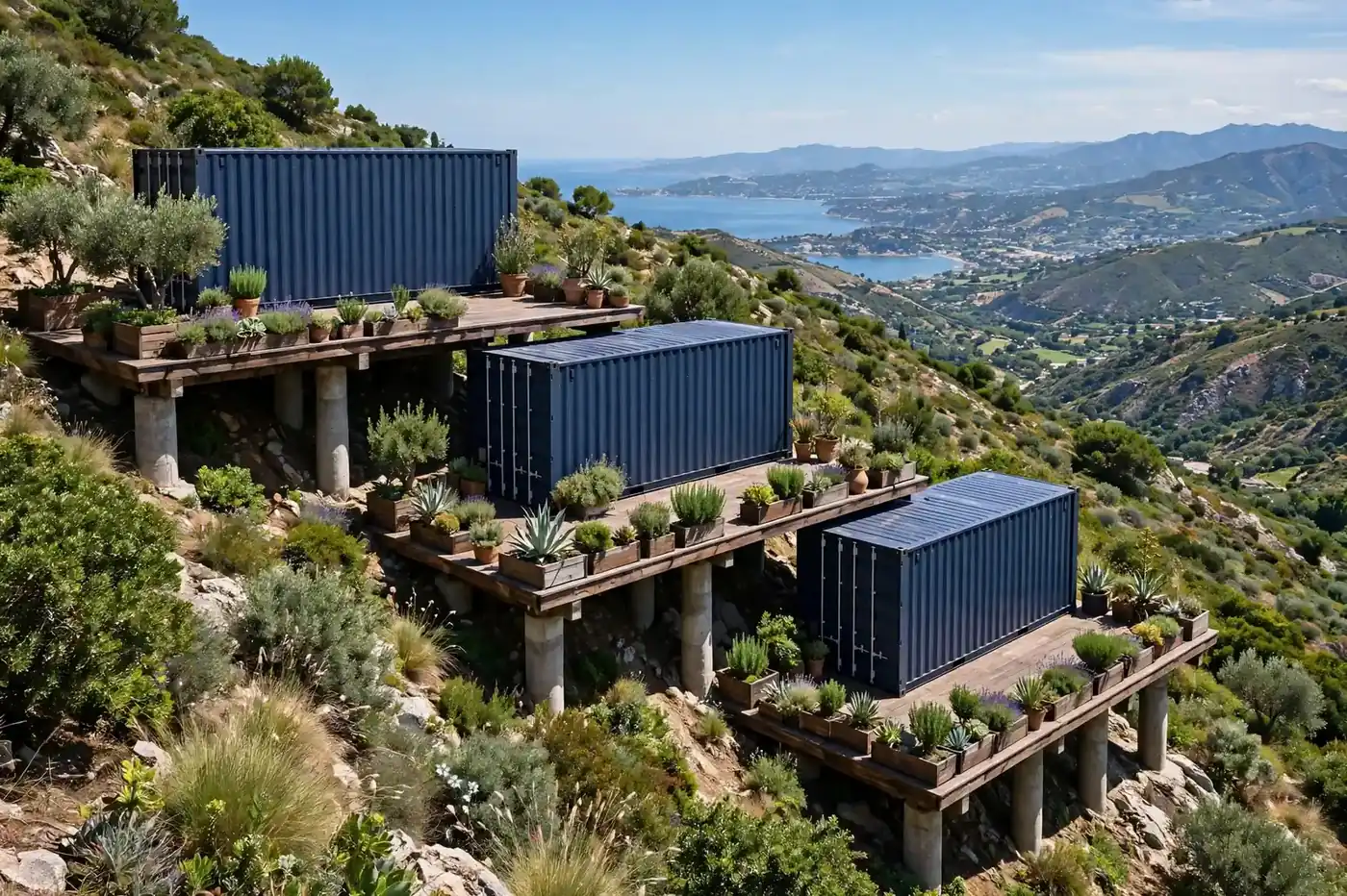 Three navy containers cascading down a steep slope like stadium steps, each on concrete piers with its own view-facing terrace.