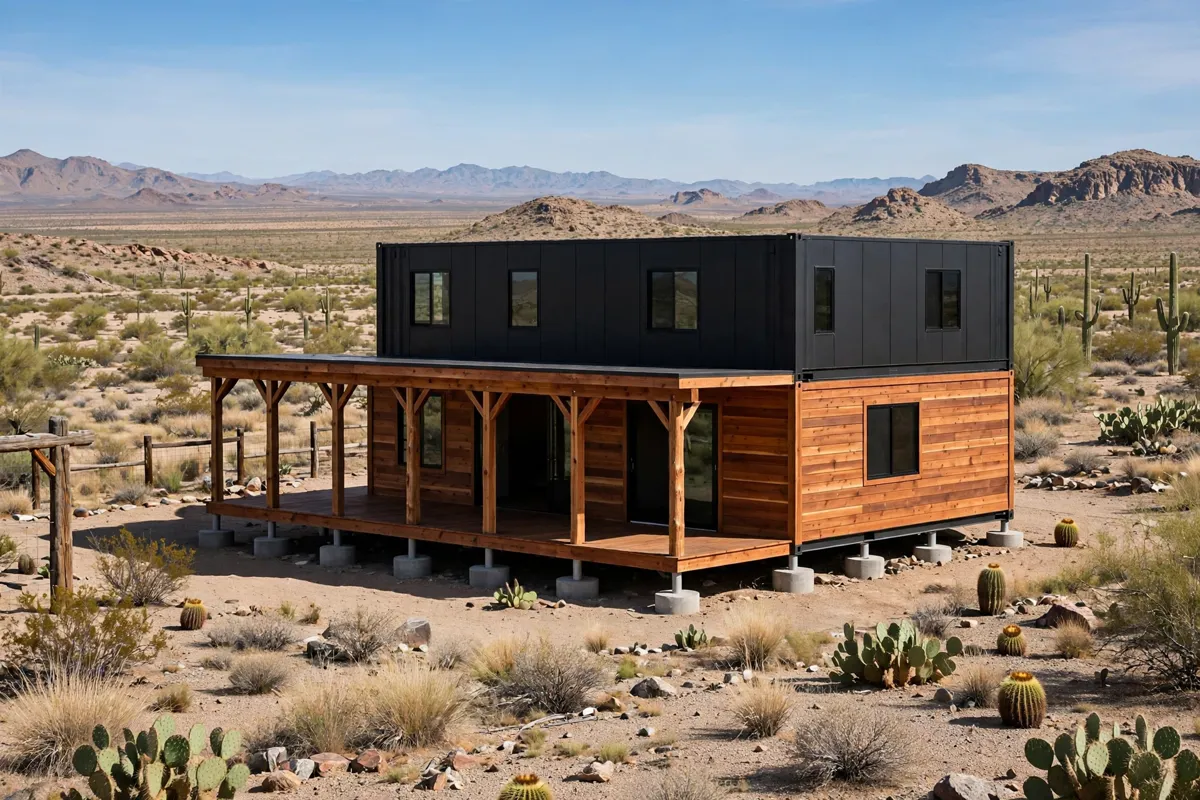 Container home mixing warm cedar cladding below with matte black metal panels above on a desert ranch with a shaded veranda