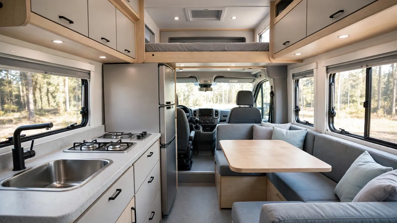 Spacious walkthrough camper van kitchen with dinette for family travel