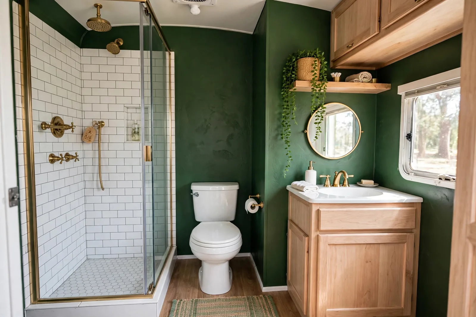 Botanical green RV bathroom with brass fixtures, white subway tile, plants