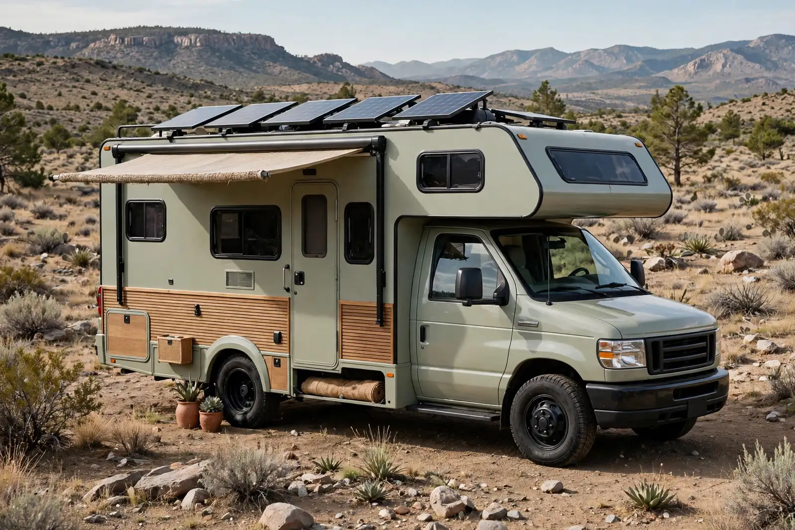 Three-quarter exterior view of a sage-green Class C motorhome with wood-slatted siding parked off-grid in desert foothills, with a full row of rooftop solar panels, an extended fabric awning, and potted plants beside the entry step.