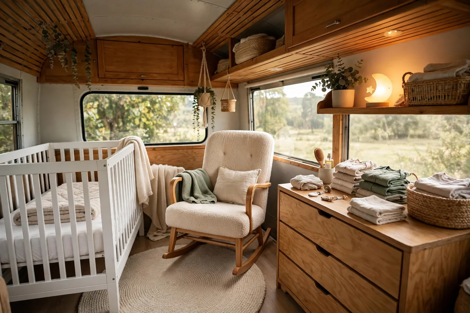 Nursery corner with crib and rocking chair in a skoolie bus conversion