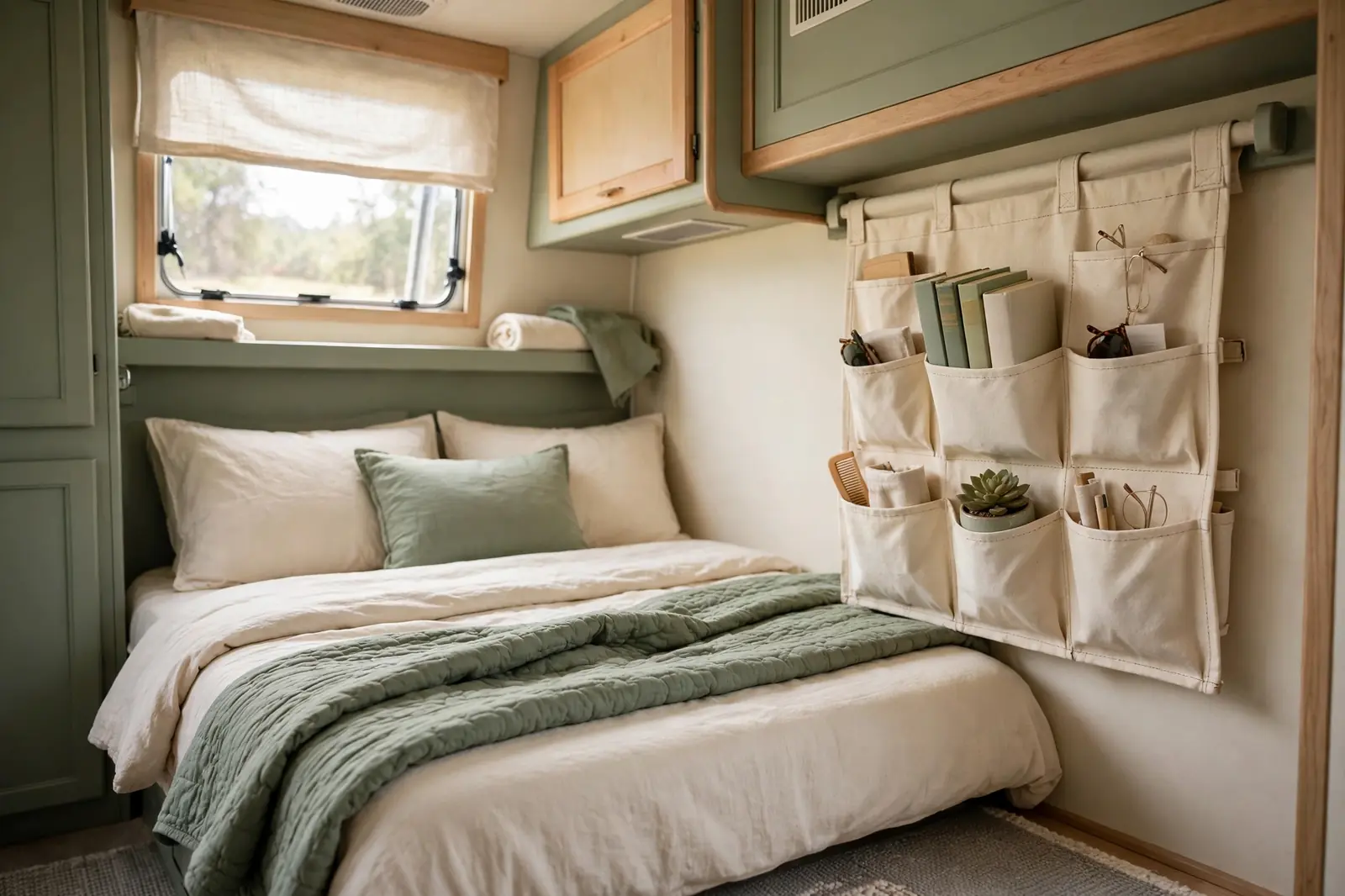 Photorealistic RV bedroom with fabric hanging organizers and wall pockets mounted beside the queen bed