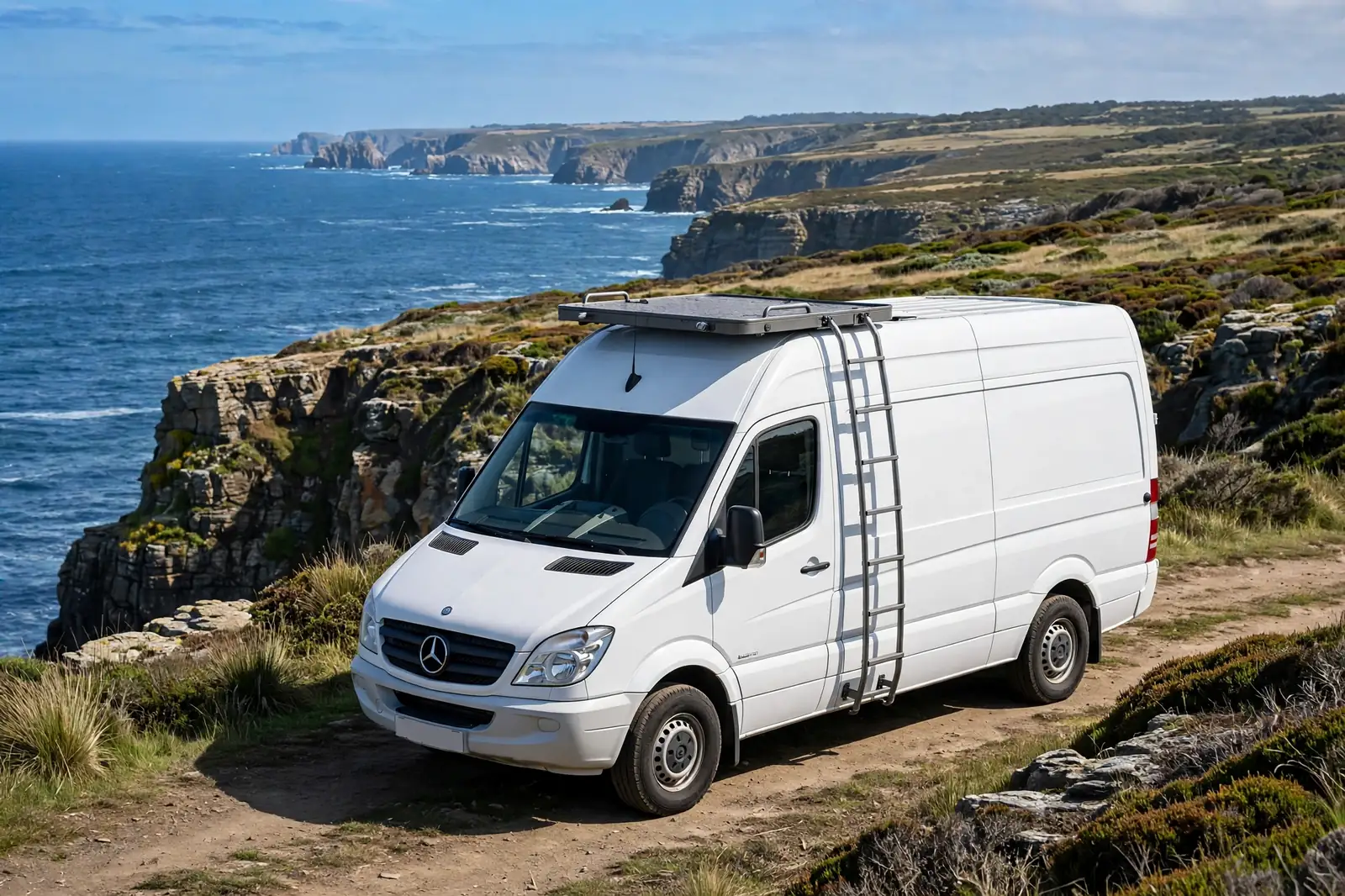 White Sprinter crew van with a compact deck over the cab on coastal cliffs