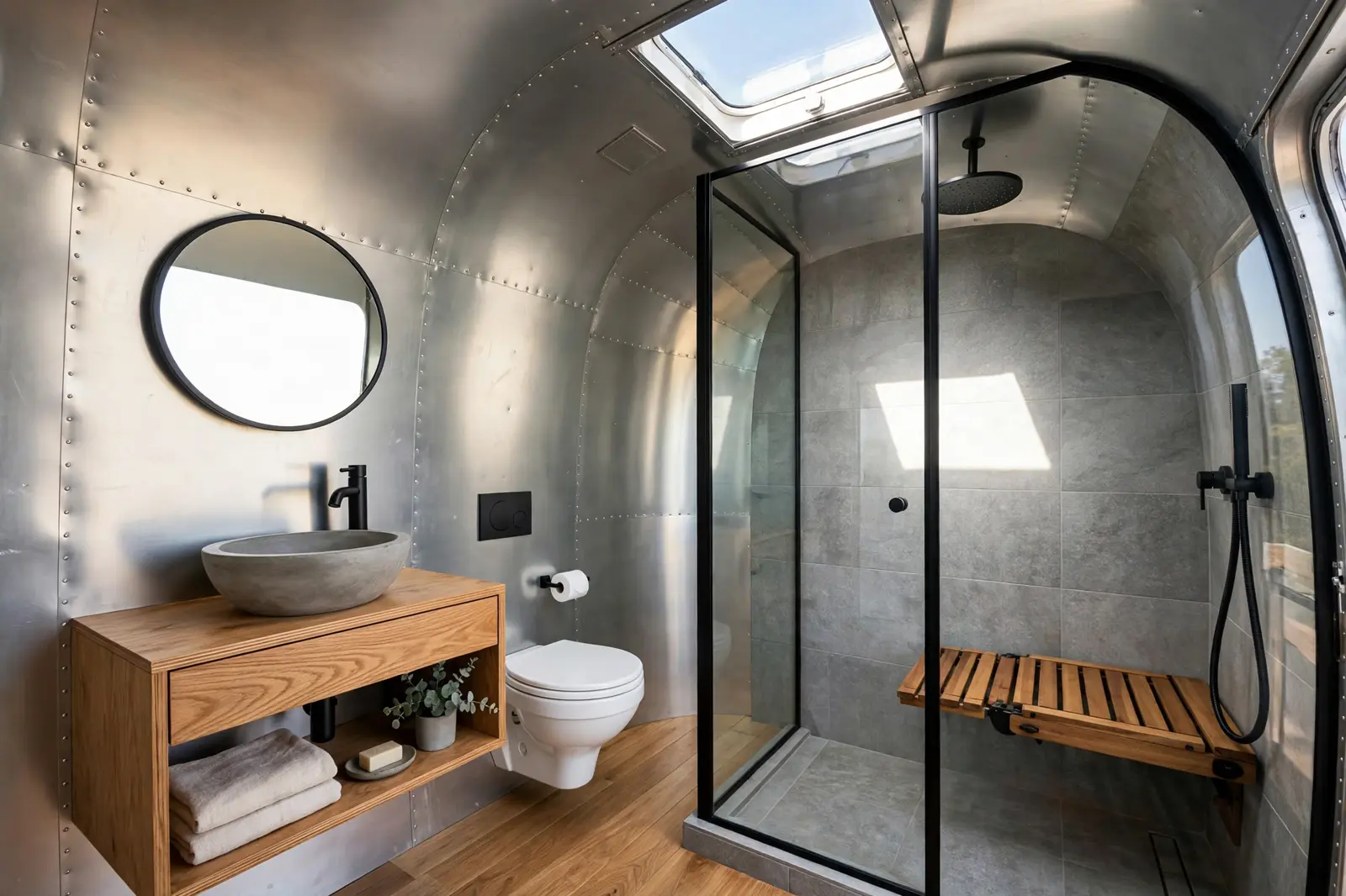 Renovated vintage Airstream bathroom with full-size walk-in shower, black-framed glass, and stone tile