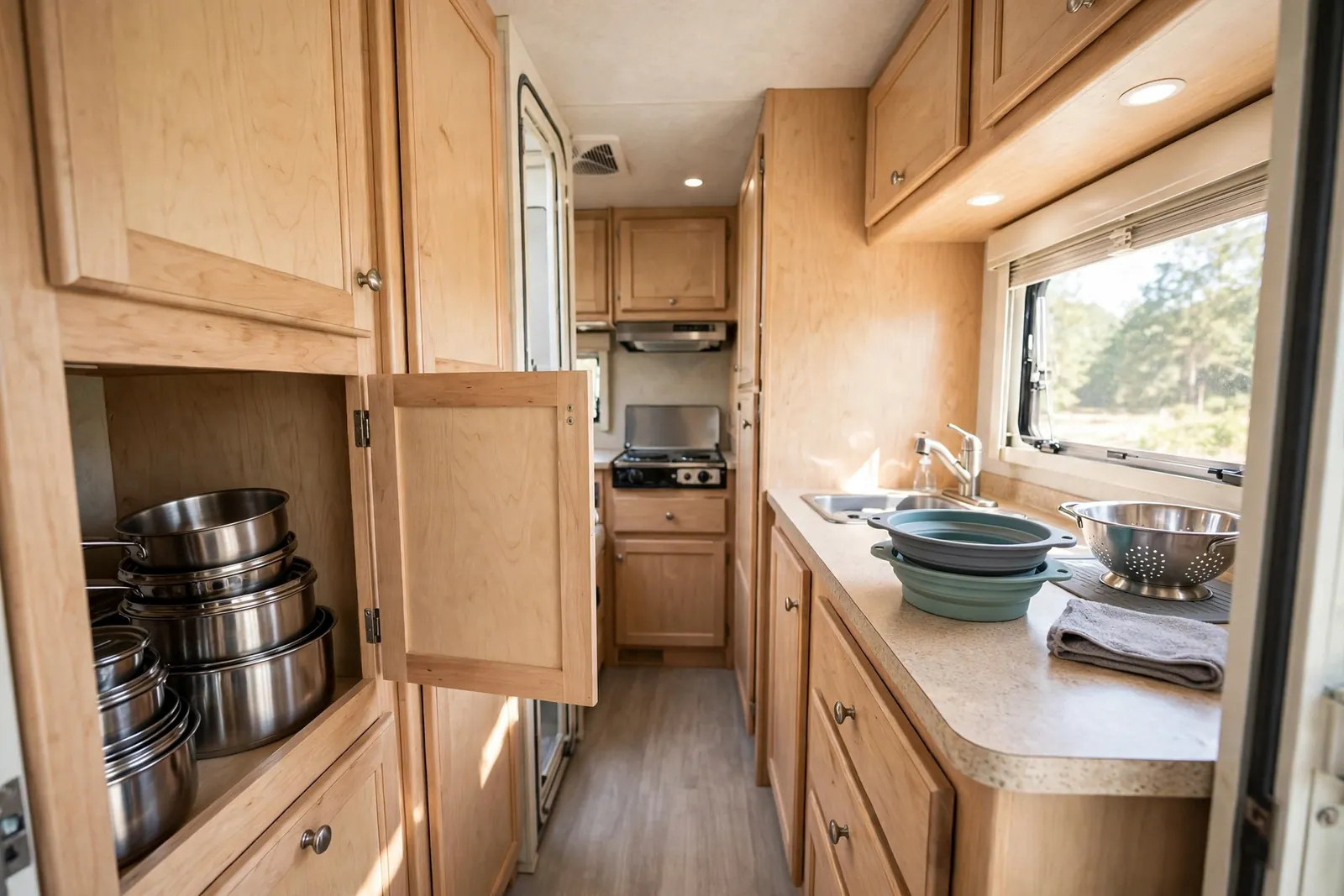 RV galley kitchen with nesting pots and pans in a lower cabinet and collapsible bowls on the counter