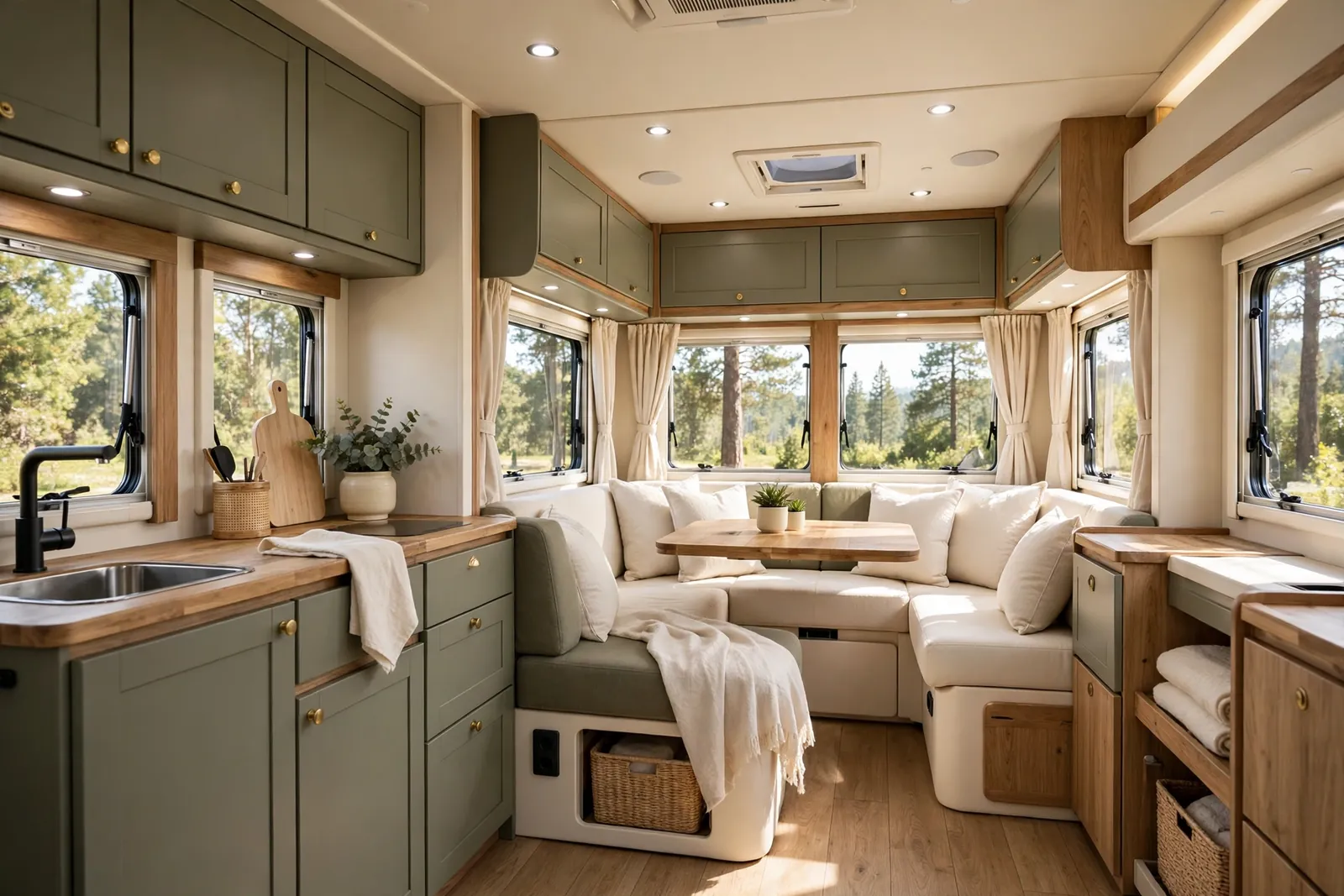 Olive green and cream motorhome interior