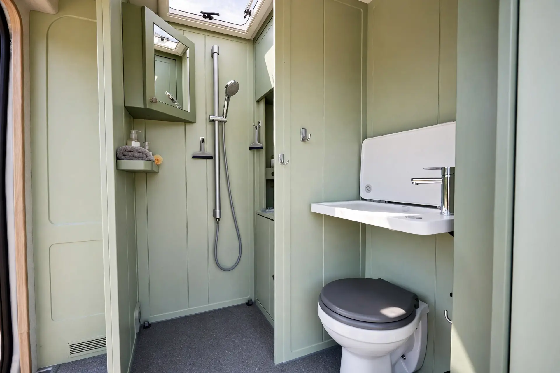 Camper van wet bath with a fold-down sink over the toilet, handheld shower on a slide rail and mirror cabinet