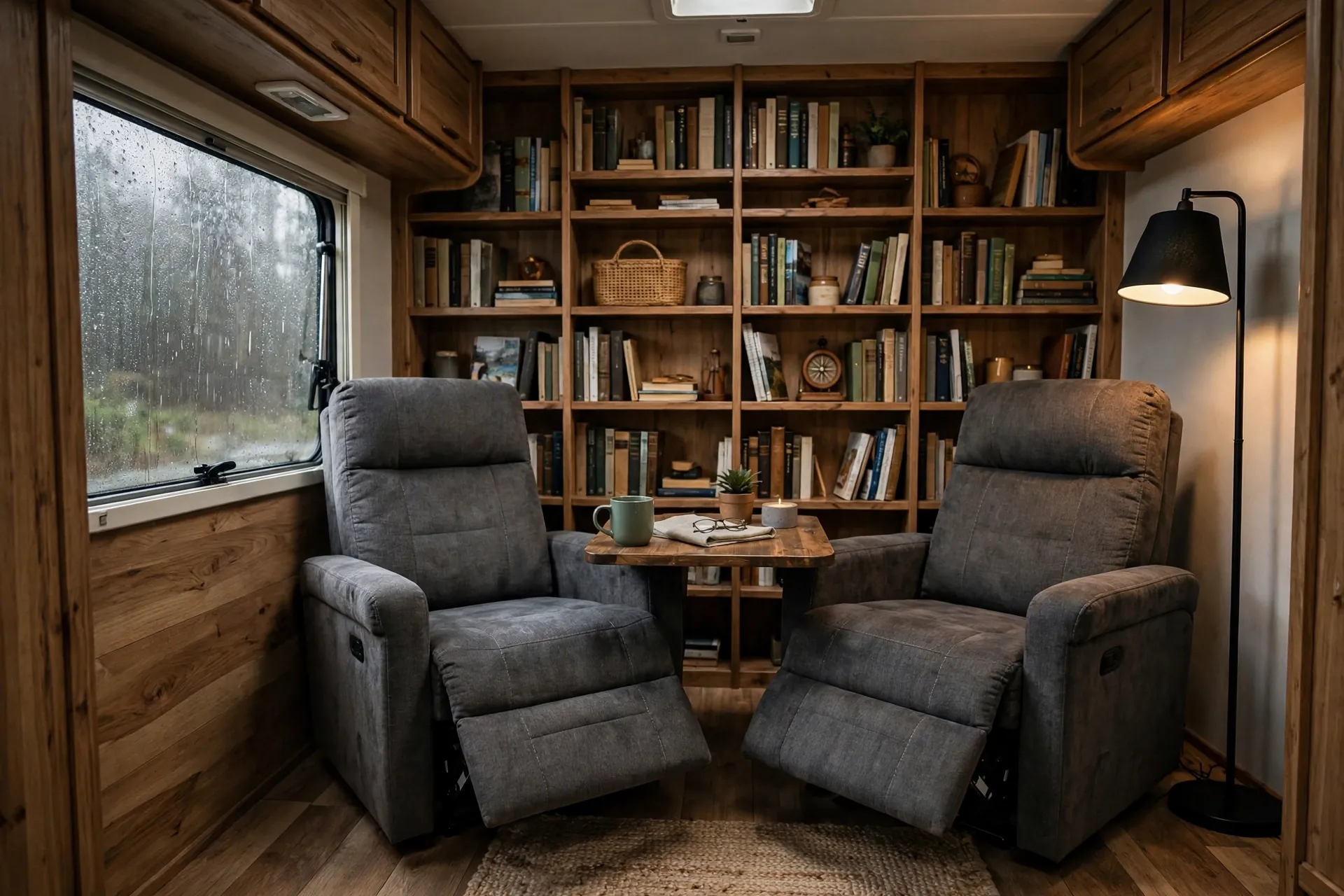 RV living room with two compact recliners across a small table and a floor-to-ceiling bookshelf wall