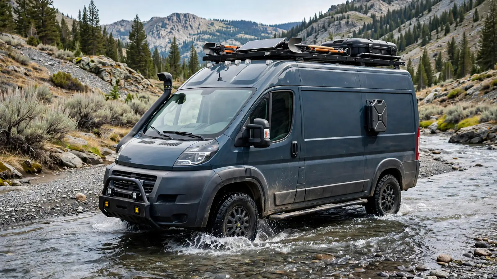 Rugged camper van with snorkel fording a shallow gravel riverbed
