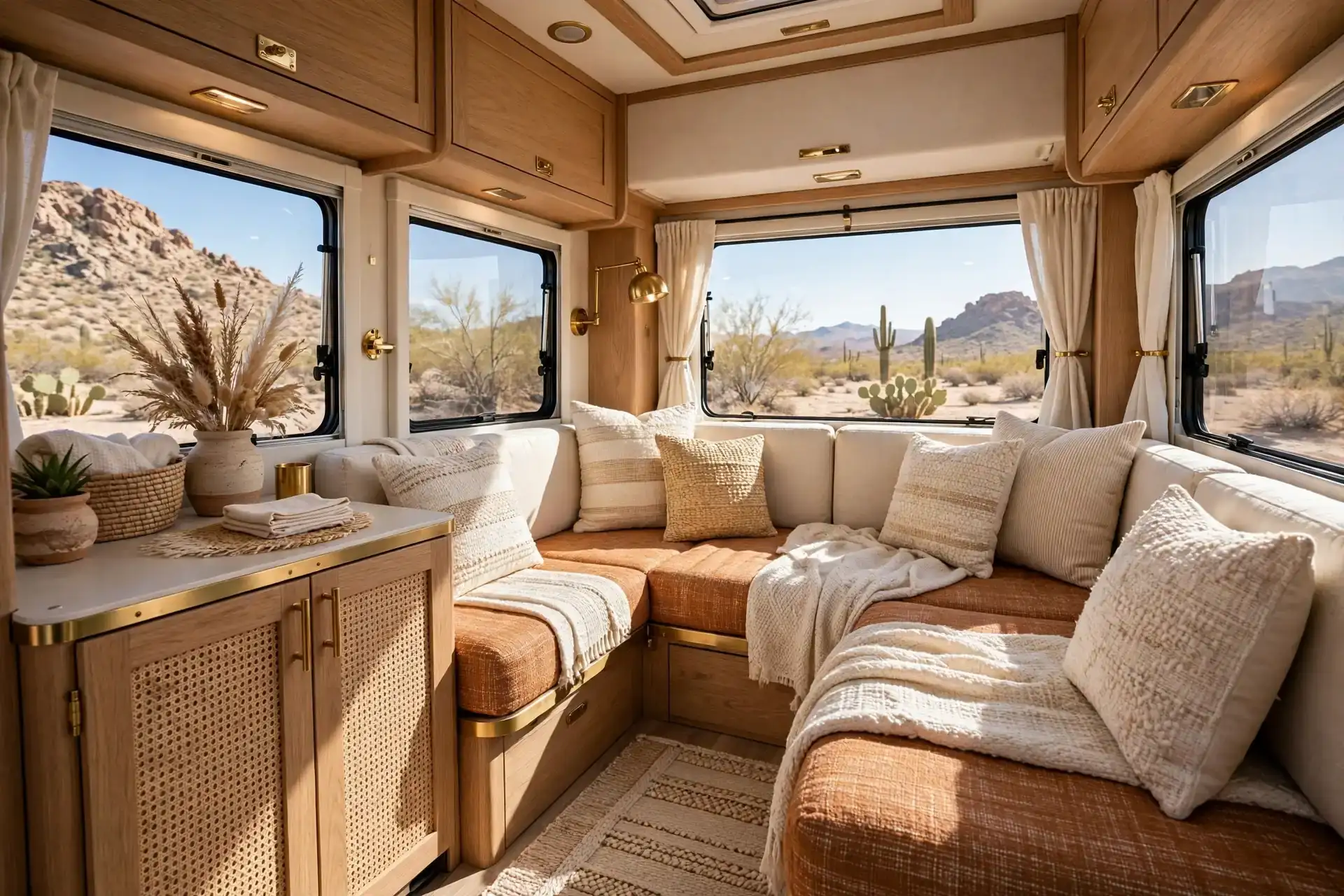 Luxury motorhome terra cotta desert glam lounge with woven textures and brass