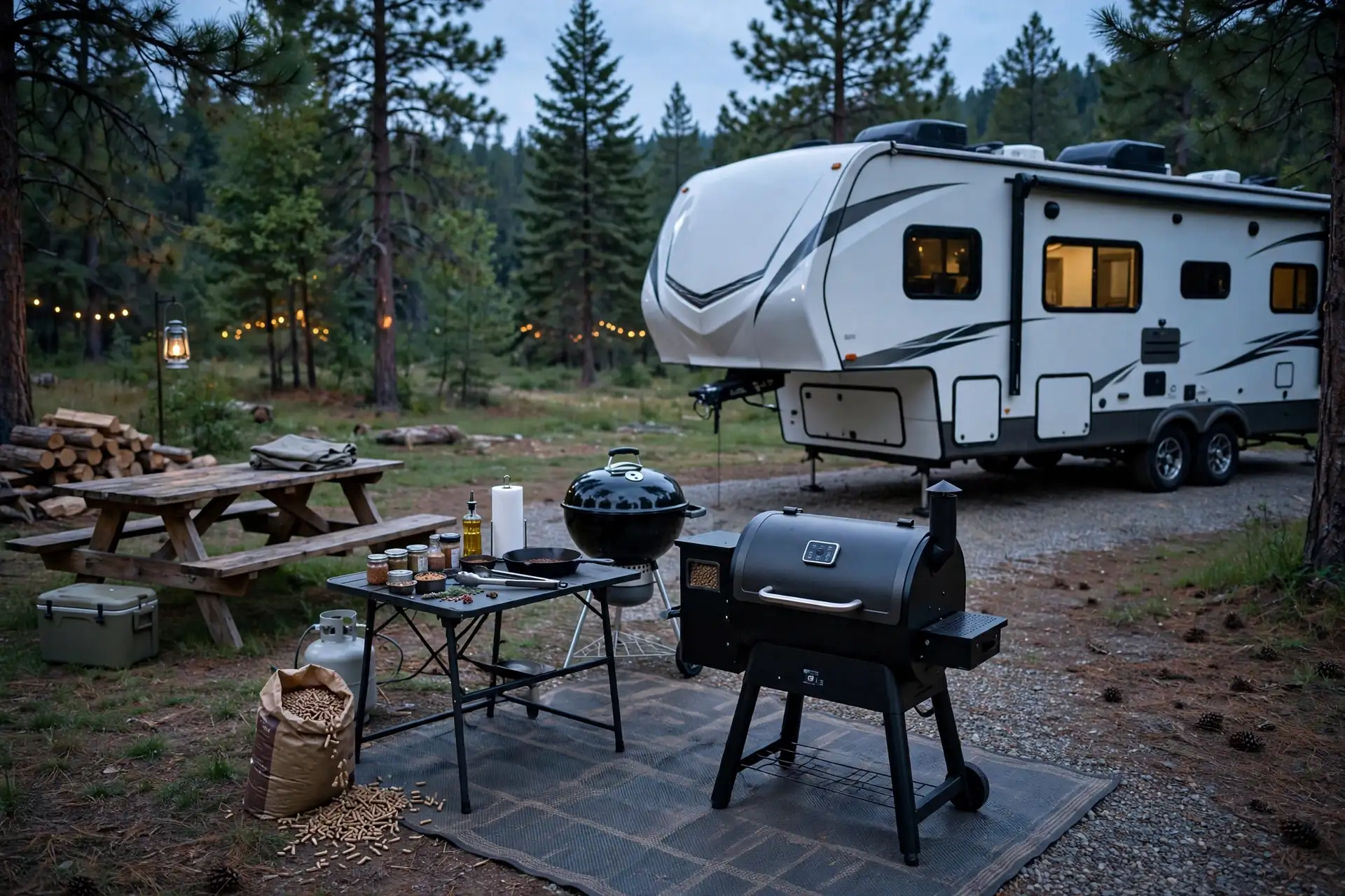 Pellet smoker and charcoal grill corner beside a fifth-wheel RV at a rural campsite