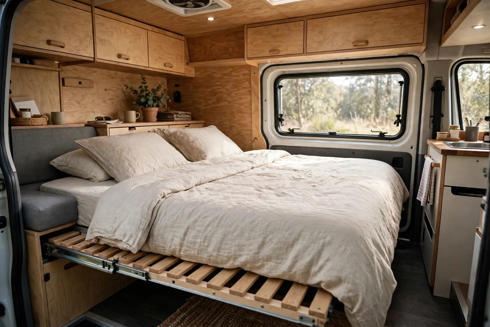 Camper van interior with a pull-out slatted wooden bed frame fully extended into a double bed, with a mattress, beige linen bedding and pillows, wooden slats and metal slide rails visible at the edge, under plywood cabinets