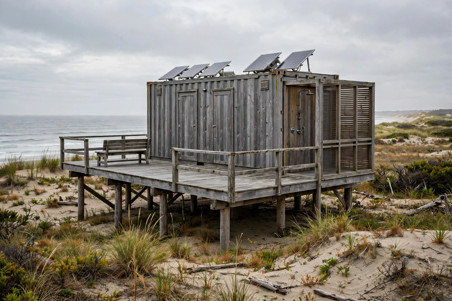 Off-grid weathered grey container cabin on tall timber pilings above coastal dunes with a wraparound deck facing the ocean and an outdoor shower