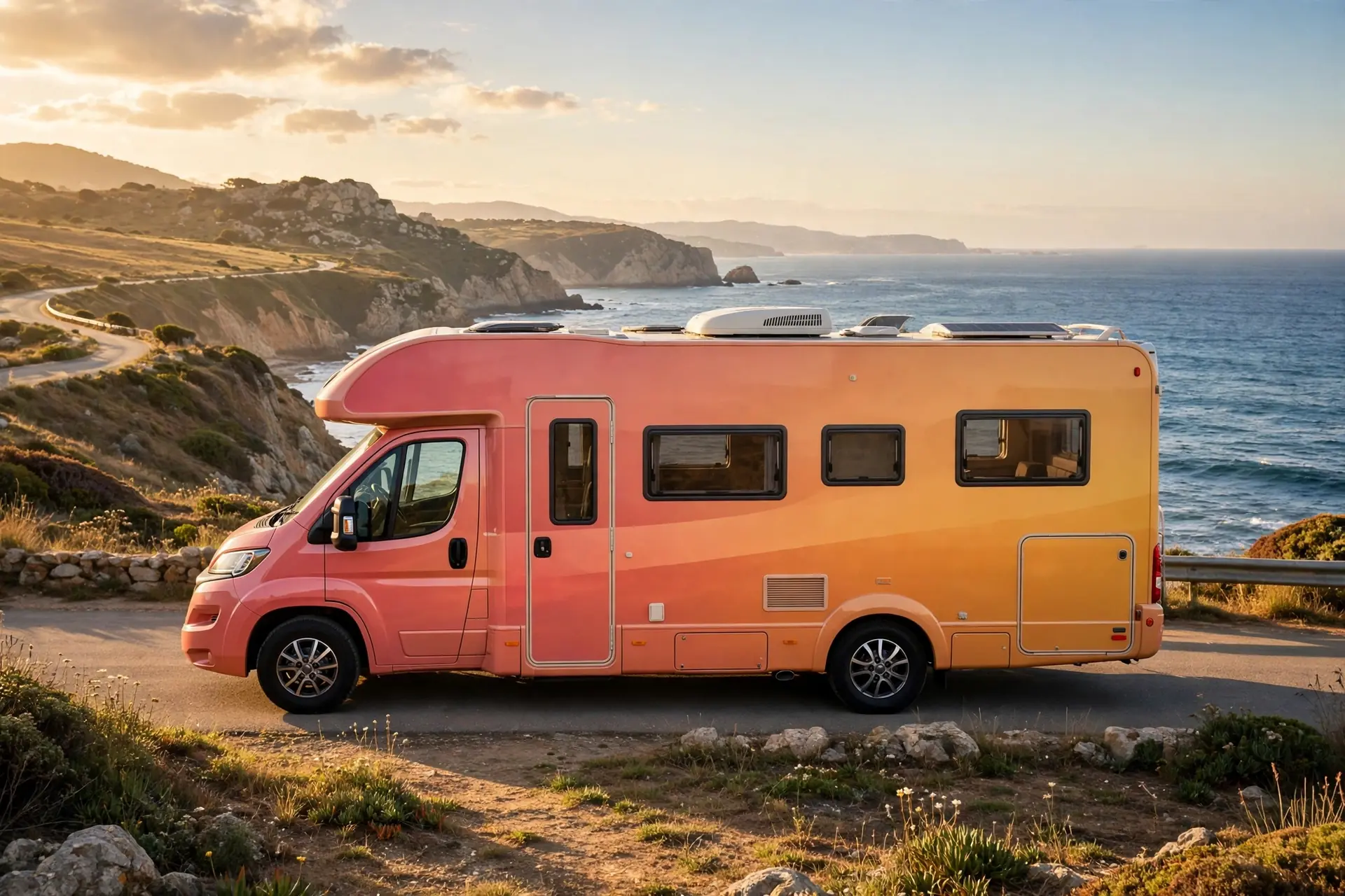 Sunset gradient coral to amber motorhome exterior, full side view