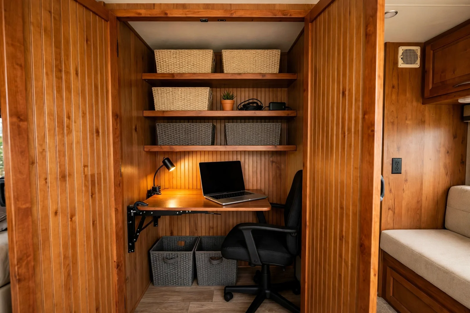 Compact RV closet converted into an office nook with a fold-down wood desk, laptop, task lamp and woven storage baskets on shelves