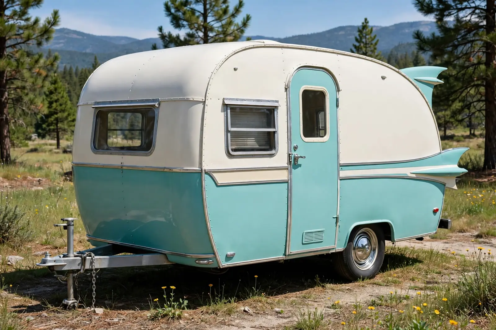 Vintage Shasta-style tiny camper trailer with turquoise and white retro paint and fins, parked in a sunny mountain meadow