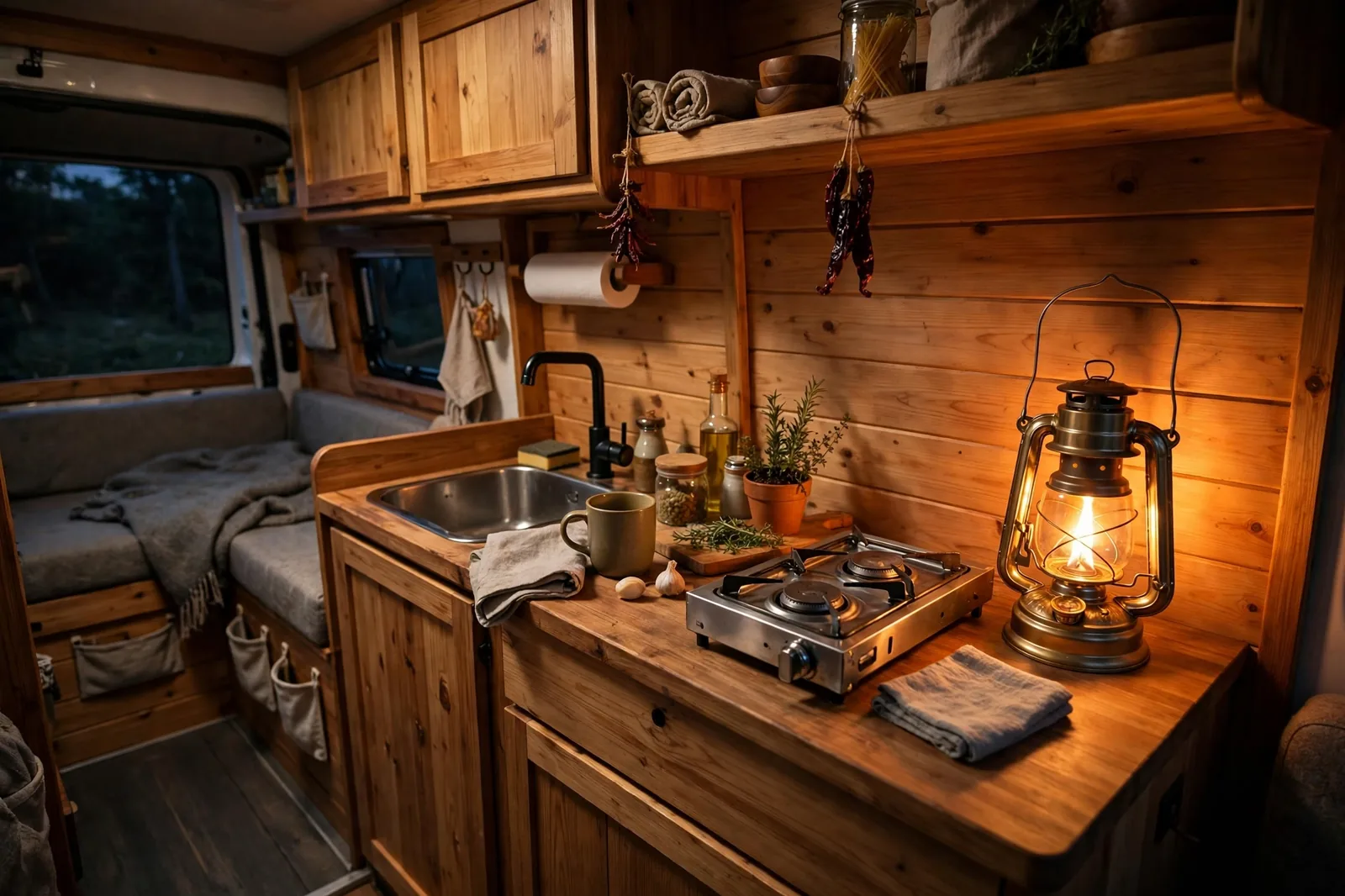 Cozy camper van kitchen counter at evening with a warm glowing camping lantern sitting beside a small stove