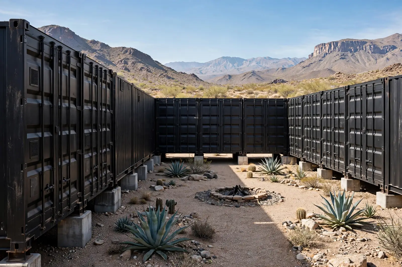 Black containers arranged in a U forming a walled desert courtyard with fire pit and mountain backdrop