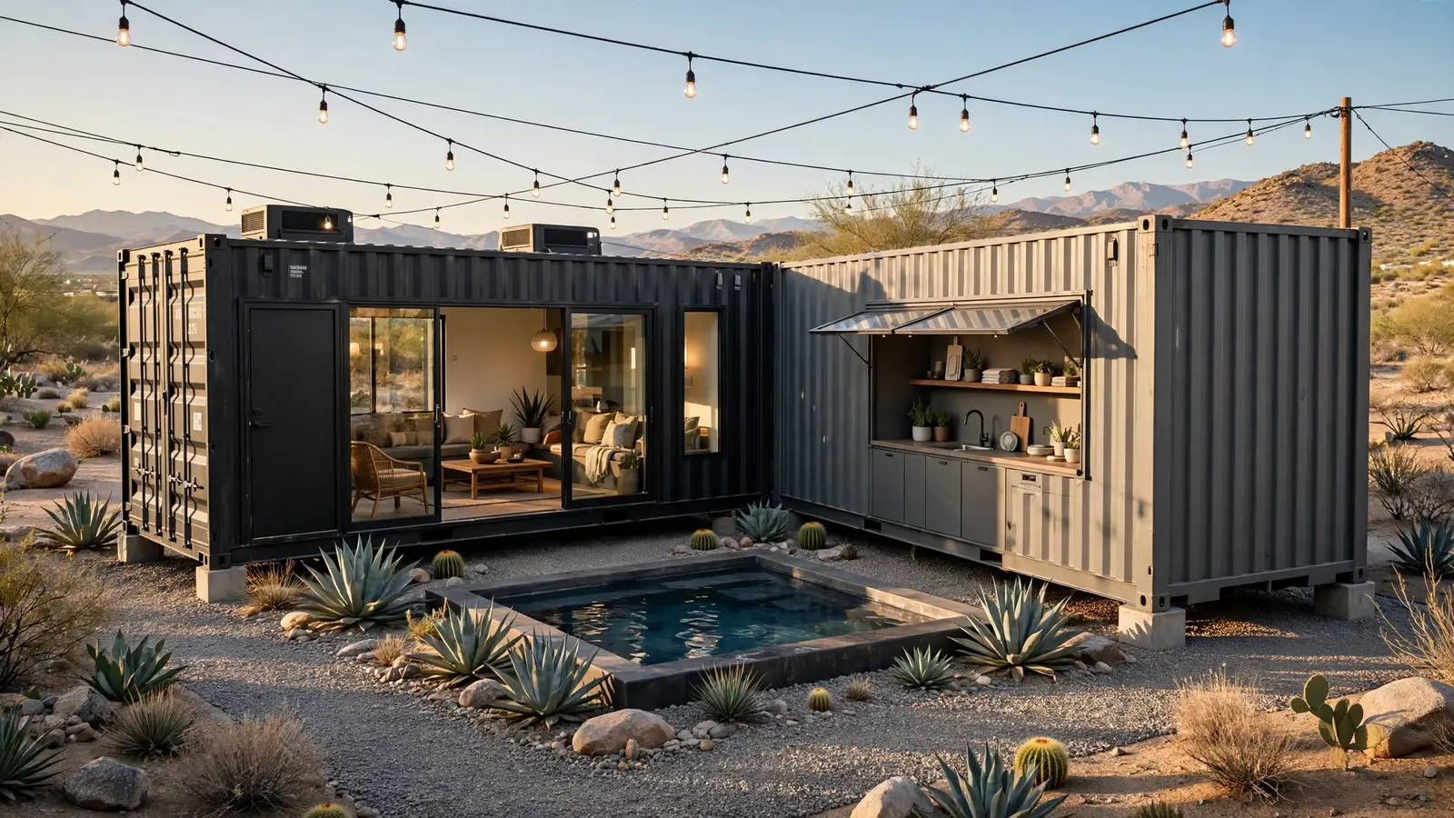 Two 40ft containers in an L forming a private courtyard with a plunge pool