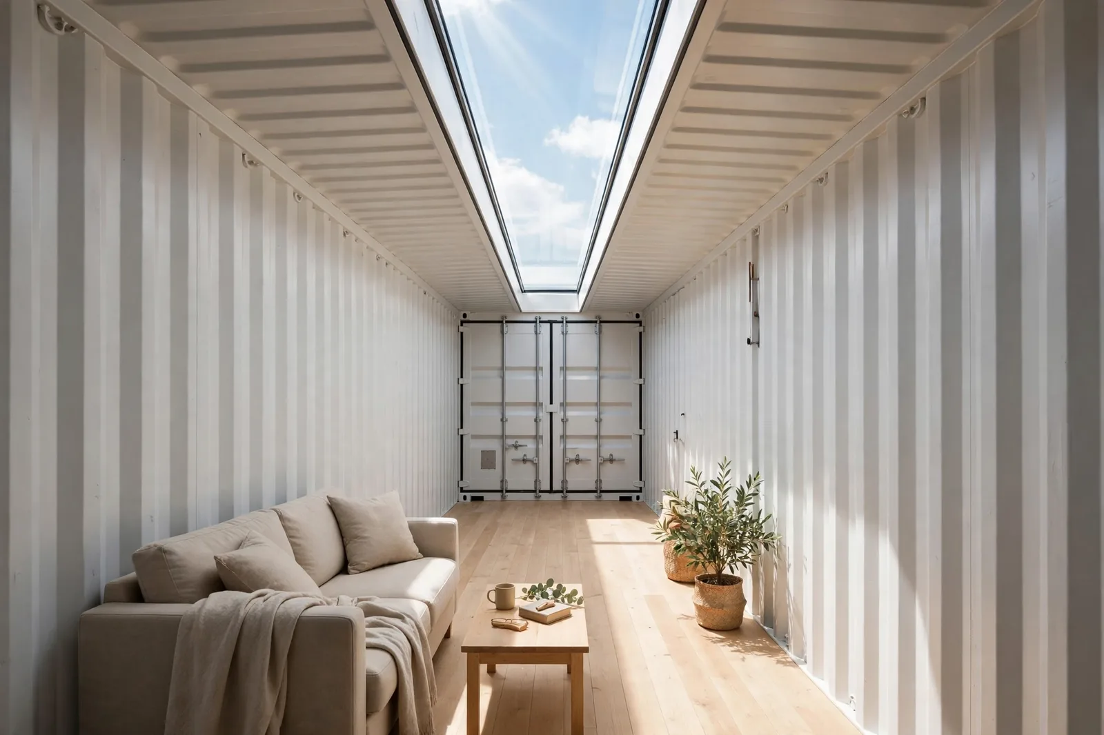 Narrow container living room with a skylight strip along the roof ridge pouring daylight over a beige sofa and oak floors