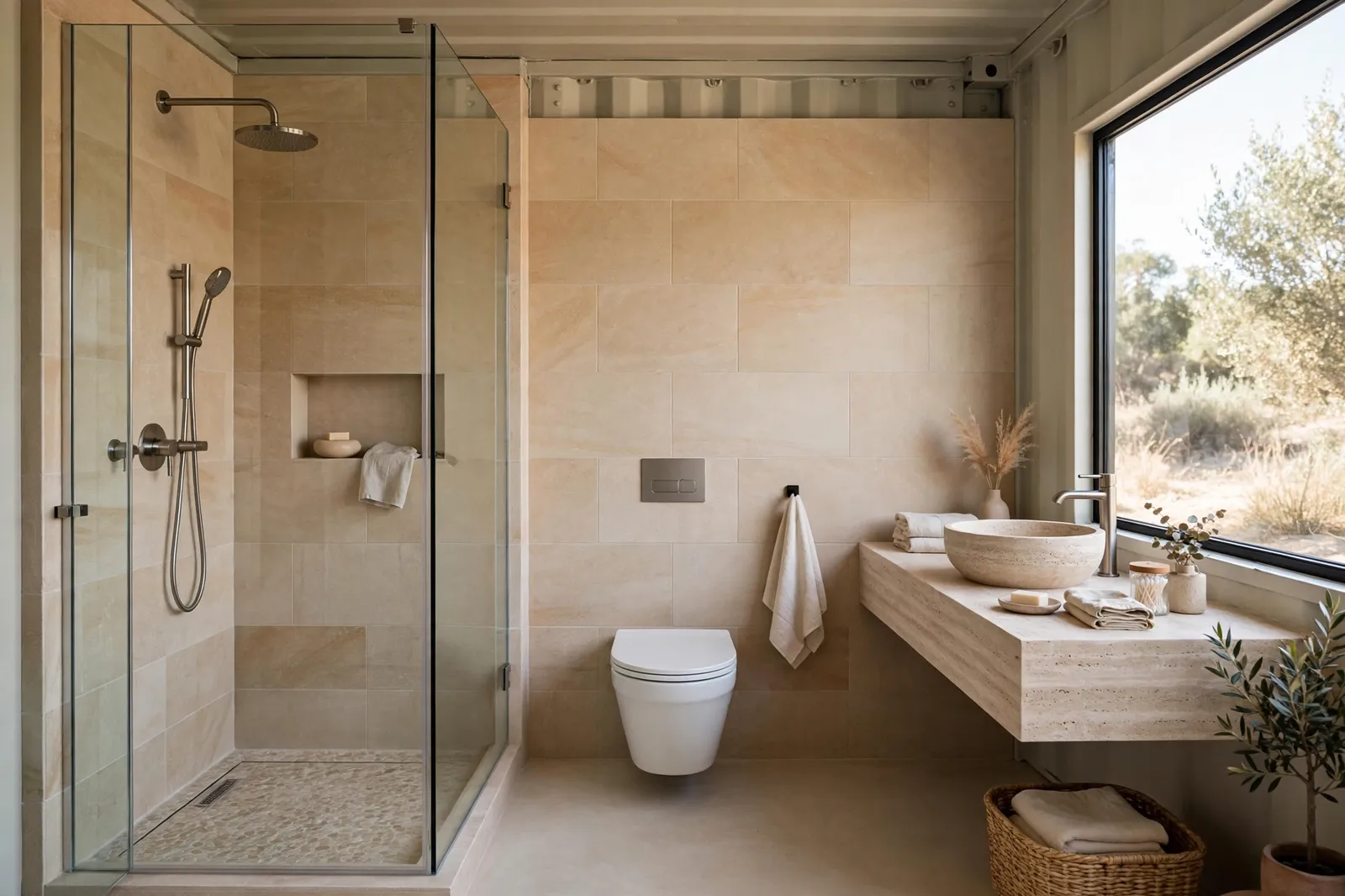 Complete container home bathroom with honed sandstone tile, frameless glass shower, floating travertine vanity and wall-hung toilet